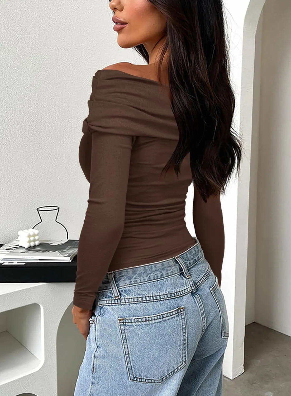 Darong Women's One Off Shoulder Long Sleeve Tops Ruched Going Out Crop Shirts Slim Fit Y2K Tee Blouse