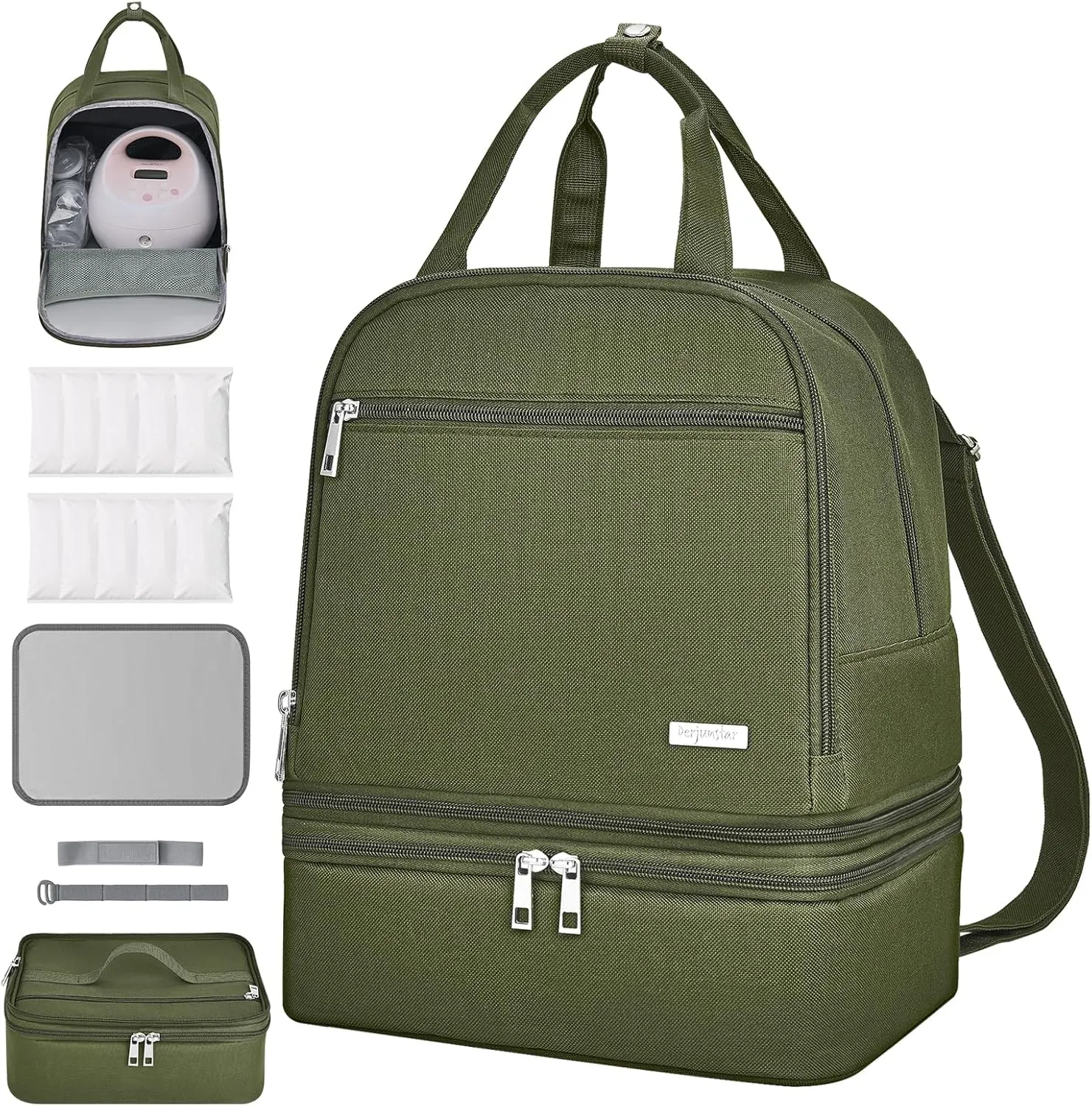 DERJUNSTAR Breast pump travel bag, Spectra Pump Backpack, Mini Pumping Bags with Pockets for Working Mom, Compatible with Spectra S1, S2, Green