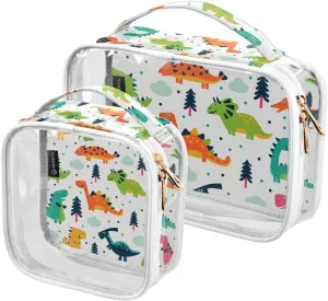 Dinosaur 2 Pieces Clear Makeup Cosmetic Toiletry Bags for Women Men PVC Waterproof Portable Travel Storage Carry Pouch with Gold Zippers Plastic Tote Bags for Traveling Vacation Bathroom Organizing