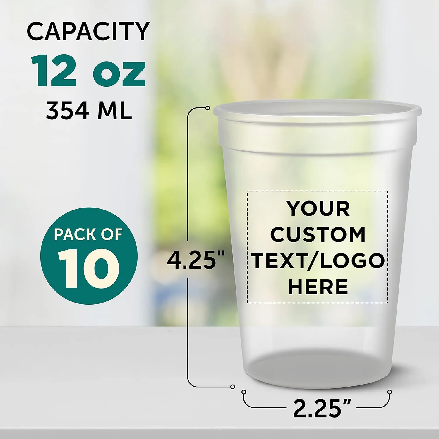DISCOUNT PROMOS Custom 12 oz. Disposable Plastic Cups – Set of 10 – Personalized Bulk Party Cups with Logo – For Father’s Day, Weddings, Birthdays, Events – Clear