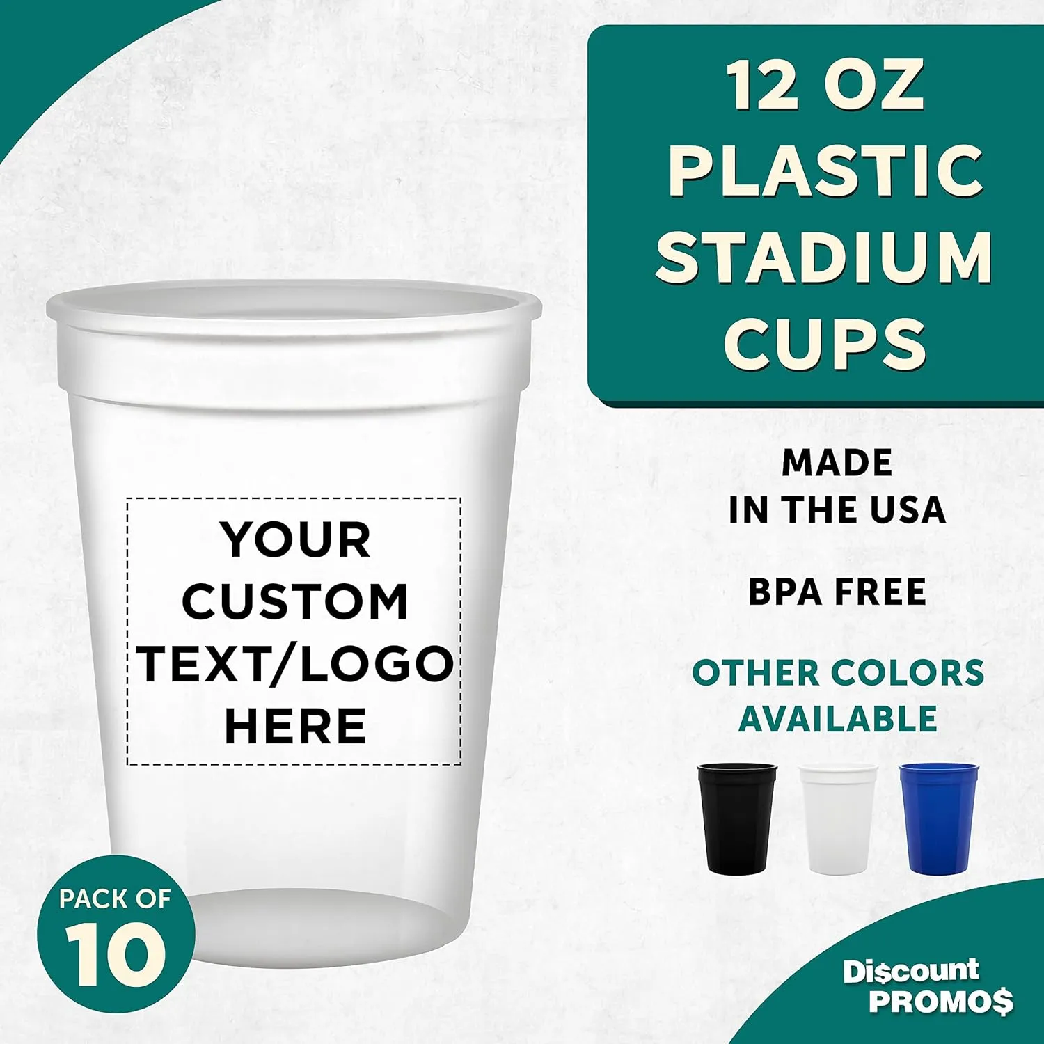 DISCOUNT PROMOS Custom 12 oz. Disposable Plastic Cups – Set of 10 – Personalized Bulk Party Cups with Logo – For Father’s Day, Weddings, Birthdays, Events – Clear