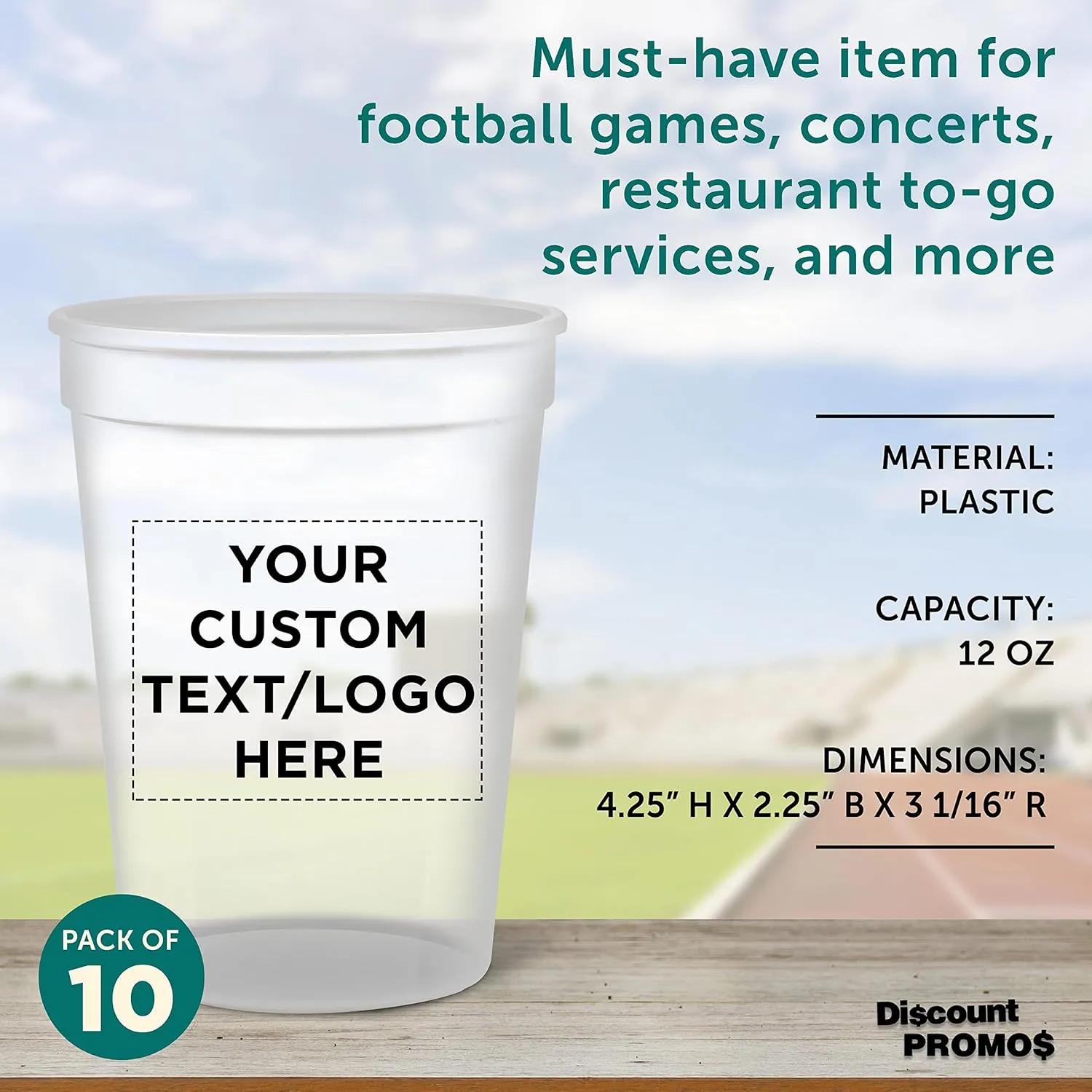 DISCOUNT PROMOS Custom 12 oz. Disposable Plastic Cups – Set of 10 – Personalized Bulk Party Cups with Logo – For Father’s Day, Weddings, Birthdays, Events – Clear