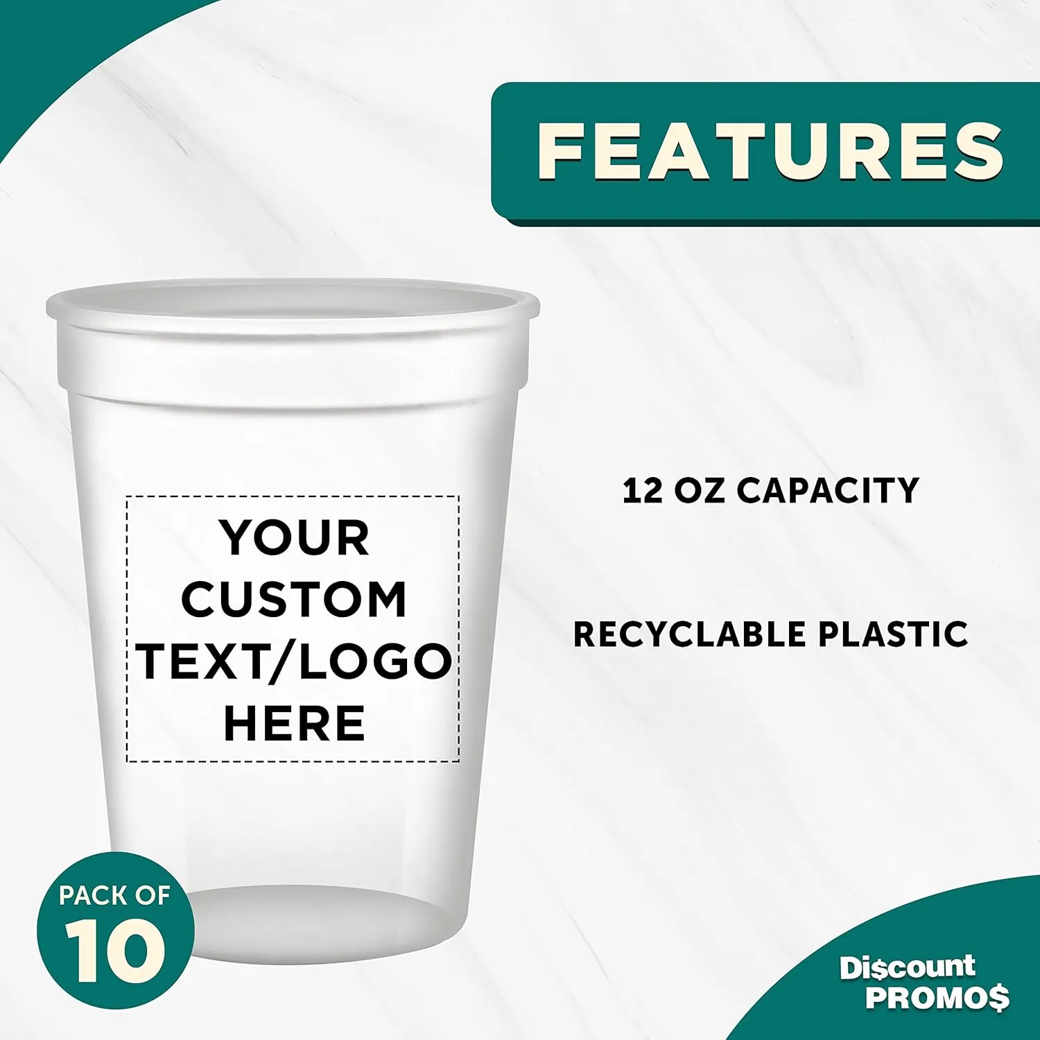 DISCOUNT PROMOS Custom 12 oz. Disposable Plastic Cups – Set of 10 – Personalized Bulk Party Cups with Logo – For Father’s Day, Weddings, Birthdays, Events – Clear