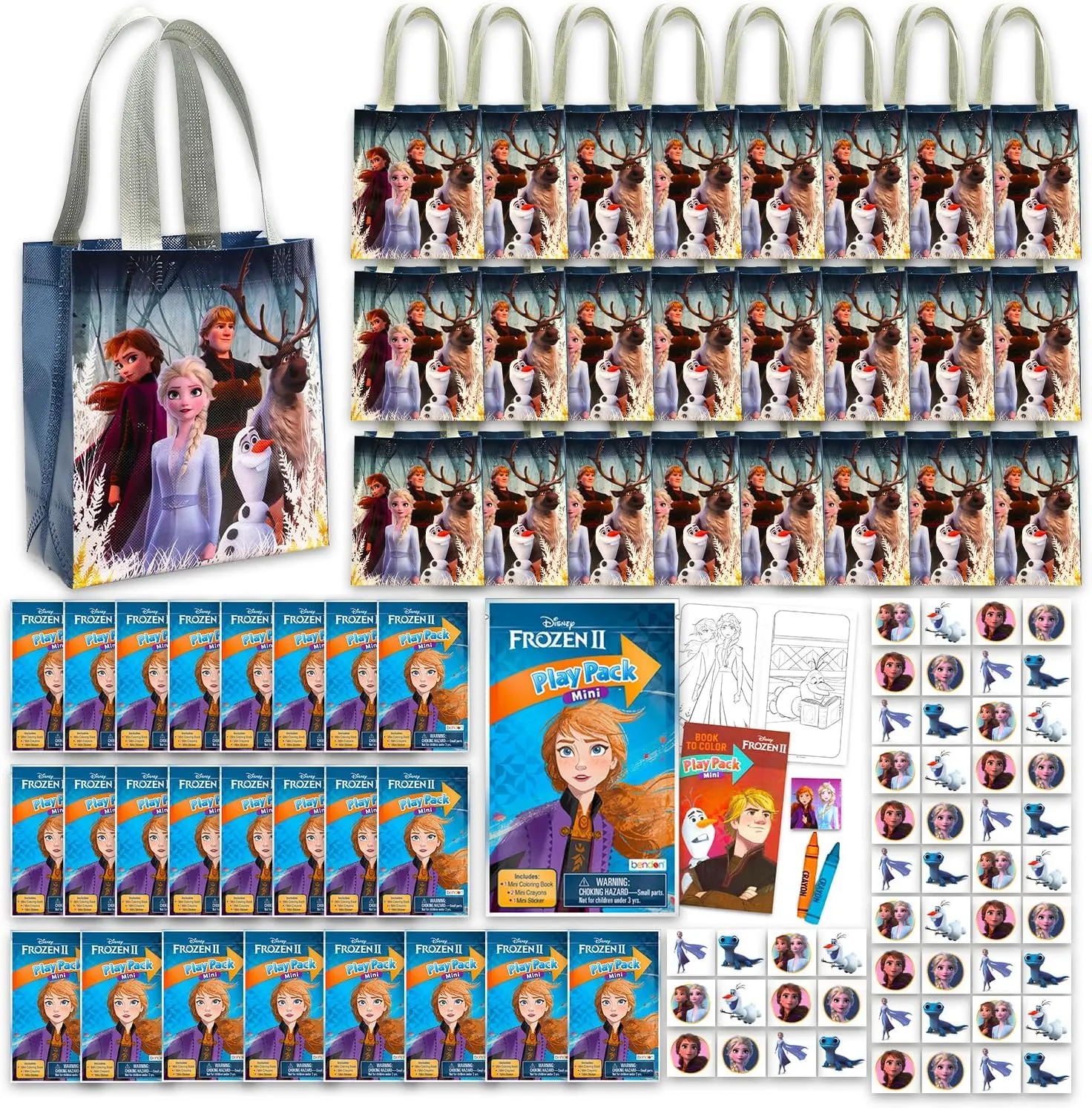 Disney Frozen Party Favors Ultimate Bundle ~ 24 Guest Set with Party Bags, Mini Coloring Activity Book Set, Stickers, and Temporary Tattoos | Disney Frozen Birthday Party Supplies for Kids