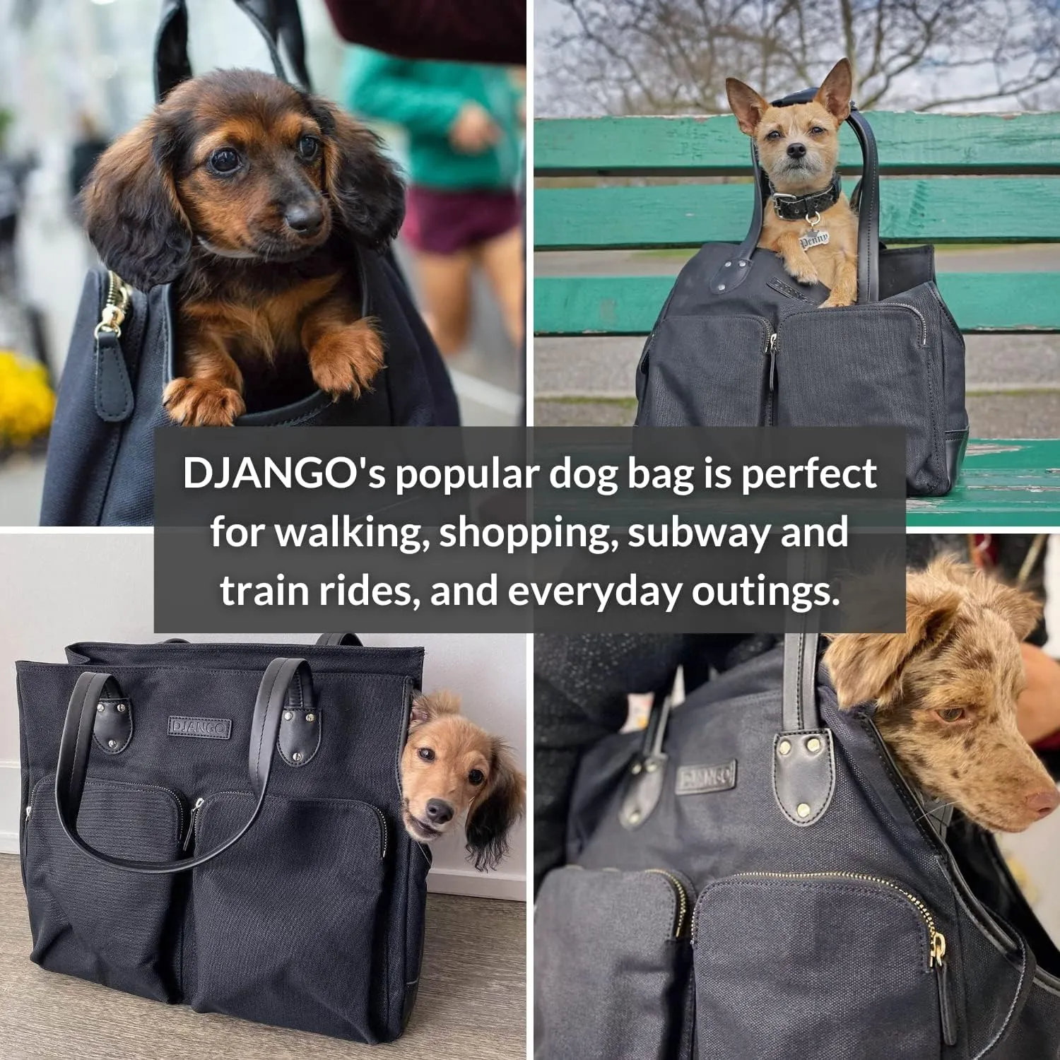DJANGO Dog Carrier Bag Large - Waxed Canvas and Leather Soft Dog Travel Carrier - Black Travel Tote Bag for Pets with Harness Safety Tether, Secure Zipper Pockets, and Water-Resistant Lining