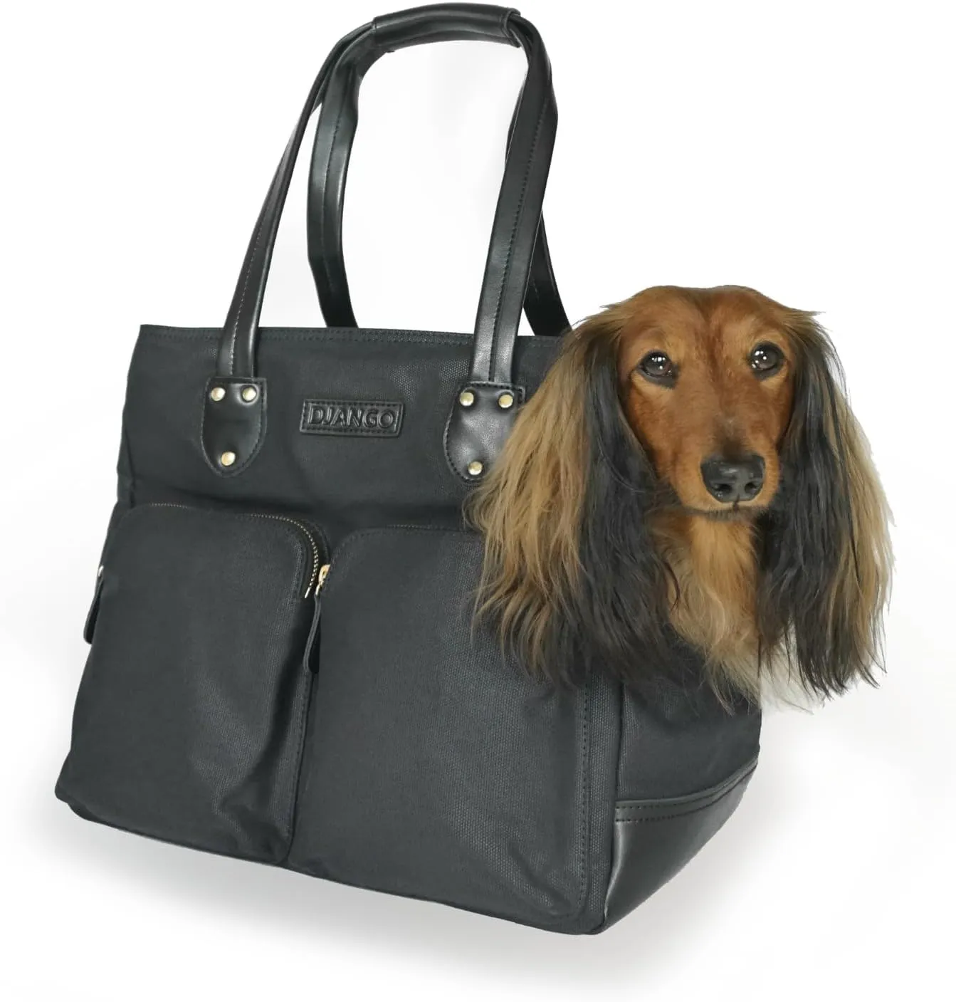 DJANGO Dog Carrier Bag Large - Waxed Canvas and Leather Soft Dog Travel Carrier - Black Travel Tote Bag for Pets with Harness Safety Tether, Secure Zipper Pockets, and Water-Resistant Lining