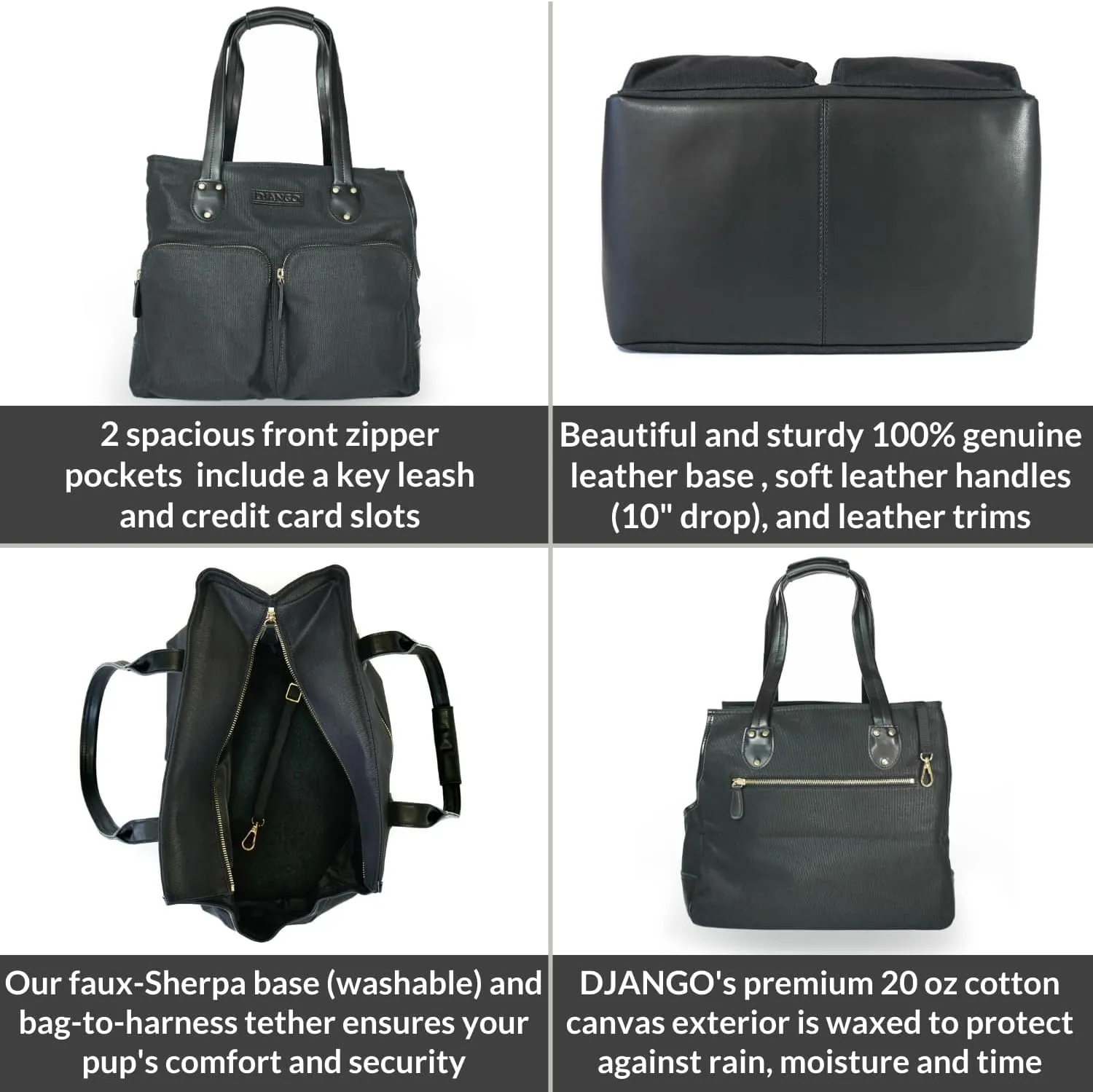 DJANGO Dog Carrier Bag Large - Waxed Canvas and Leather Soft Dog Travel Carrier - Black Travel Tote Bag for Pets with Harness Safety Tether, Secure Zipper Pockets, and Water-Resistant Lining