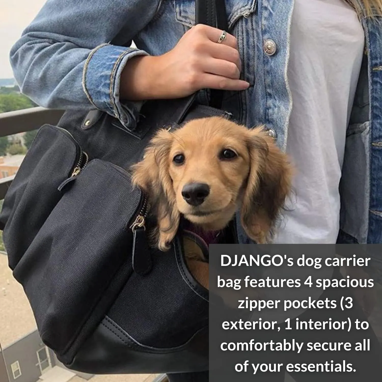 DJANGO Dog Carrier Bag Large - Waxed Canvas and Leather Soft Dog Travel Carrier - Black Travel Tote Bag for Pets with Harness Safety Tether, Secure Zipper Pockets, and Water-Resistant Lining