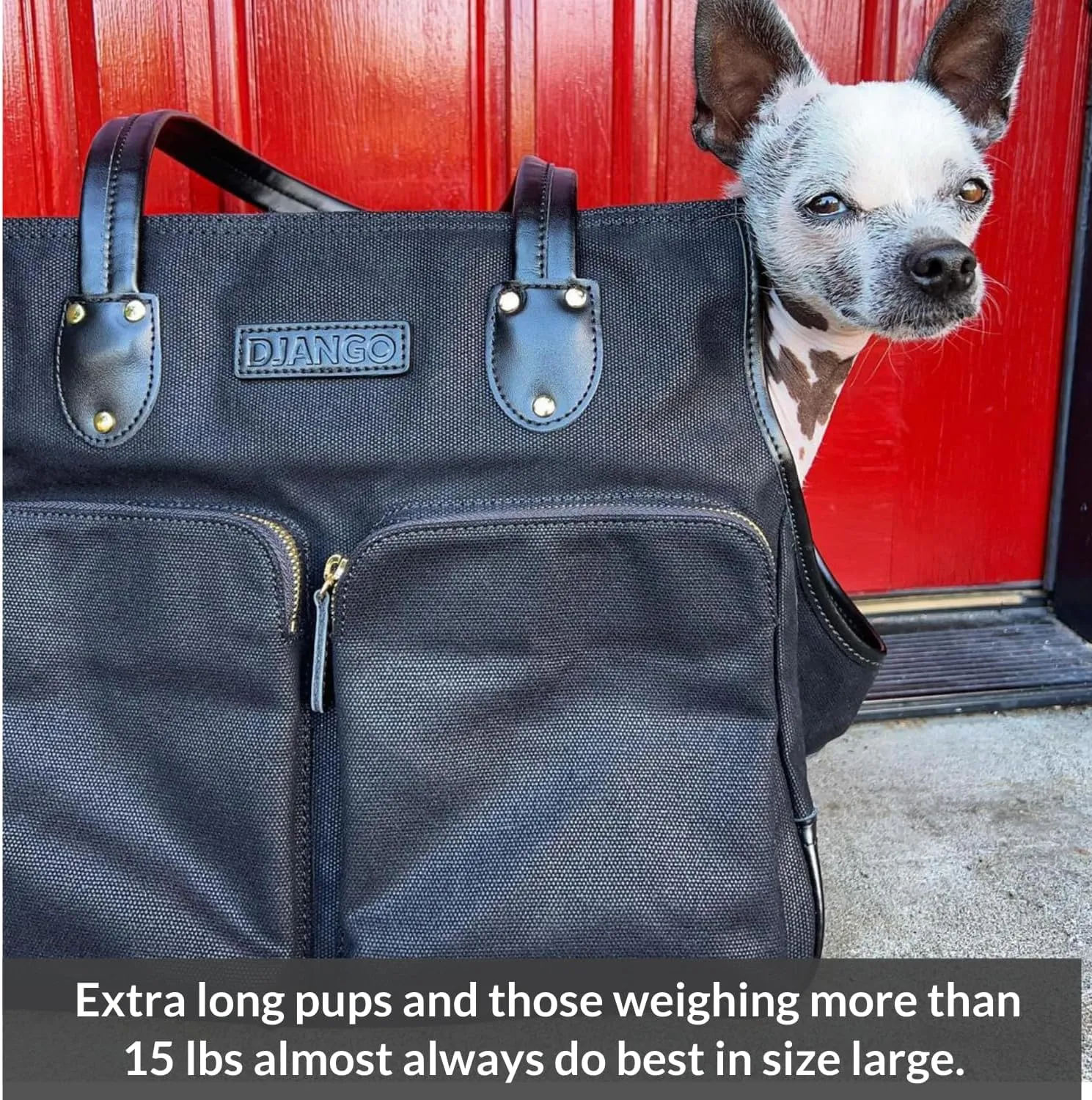 DJANGO Dog Carrier Bag Large - Waxed Canvas and Leather Soft Dog Travel Carrier - Black Travel Tote Bag for Pets with Harness Safety Tether, Secure Zipper Pockets, and Water-Resistant Lining