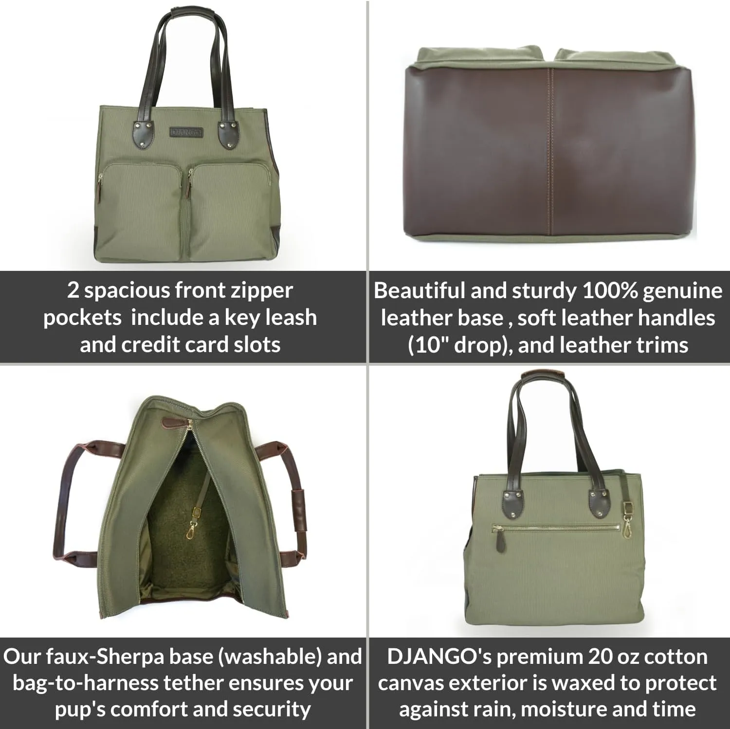 DJANGO Dog Carrier Bag Medium - Waxed Canvas and Leather Soft Dog Travel Carrier - Olive Green Travel Tote Bag for Pets with Harness Safety Tether, Secure Zipper Pockets, and Water-Resistant Lining