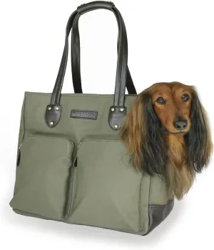 DJANGO Dog Carrier Bag Medium - Waxed Canvas and Leather Soft Dog Travel Carrier - Olive Green Travel Tote Bag for Pets with Harness Safety Tether, Secure Zipper Pockets, and Water-Resistant Lining