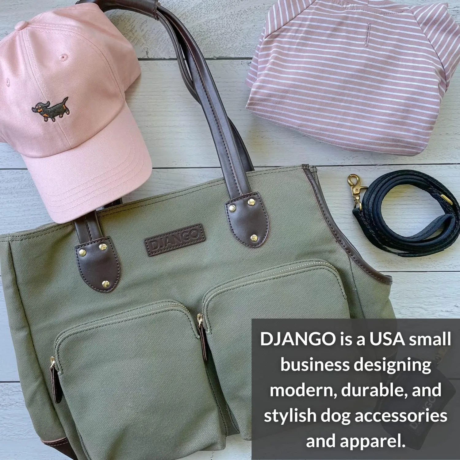 DJANGO Dog Carrier Bag Medium - Waxed Canvas and Leather Soft Dog Travel Carrier - Olive Green Travel Tote Bag for Pets with Harness Safety Tether, Secure Zipper Pockets, and Water-Resistant Lining