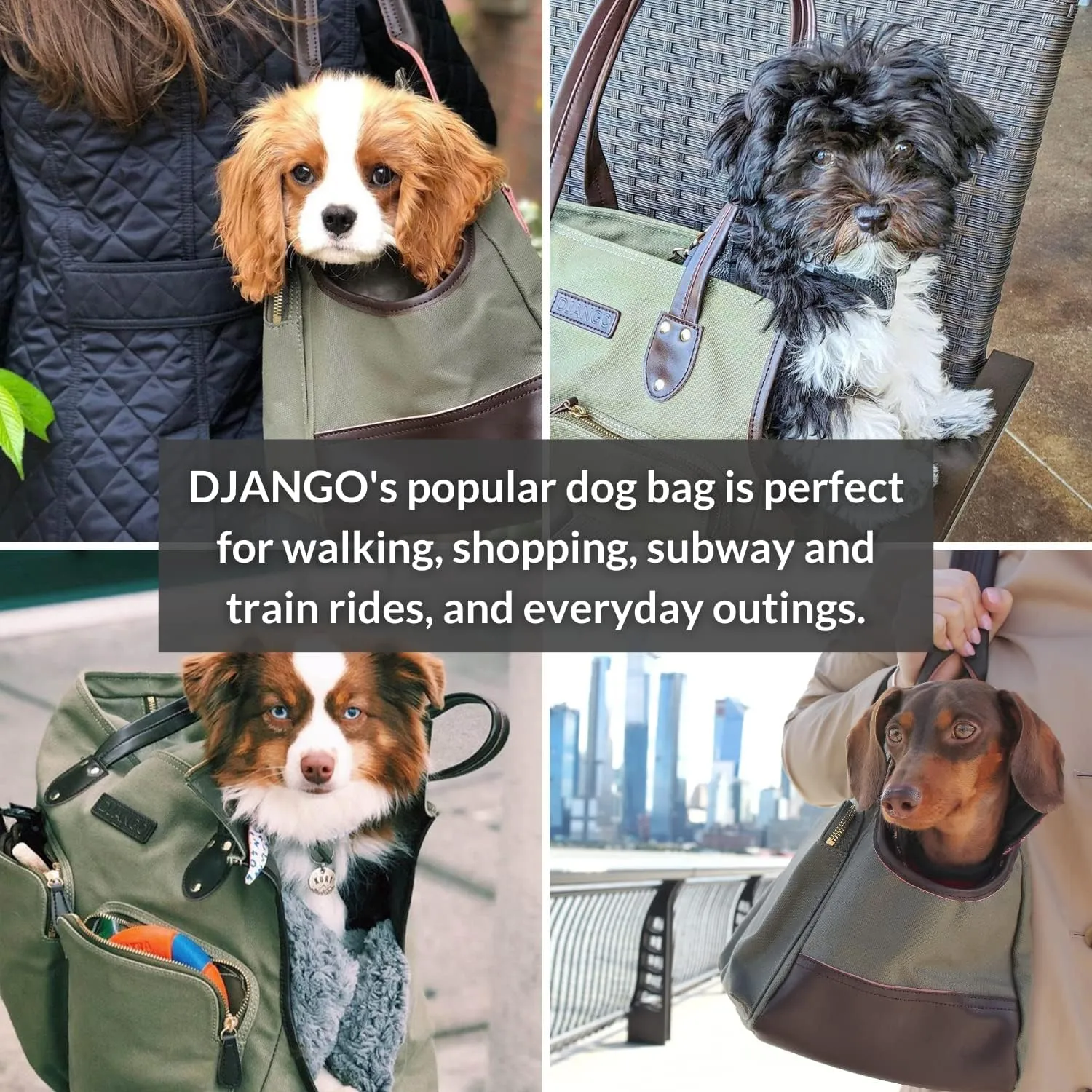 DJANGO Dog Carrier Bag Medium - Waxed Canvas and Leather Soft Dog Travel Carrier - Olive Green Travel Tote Bag for Pets with Harness Safety Tether, Secure Zipper Pockets, and Water-Resistant Lining