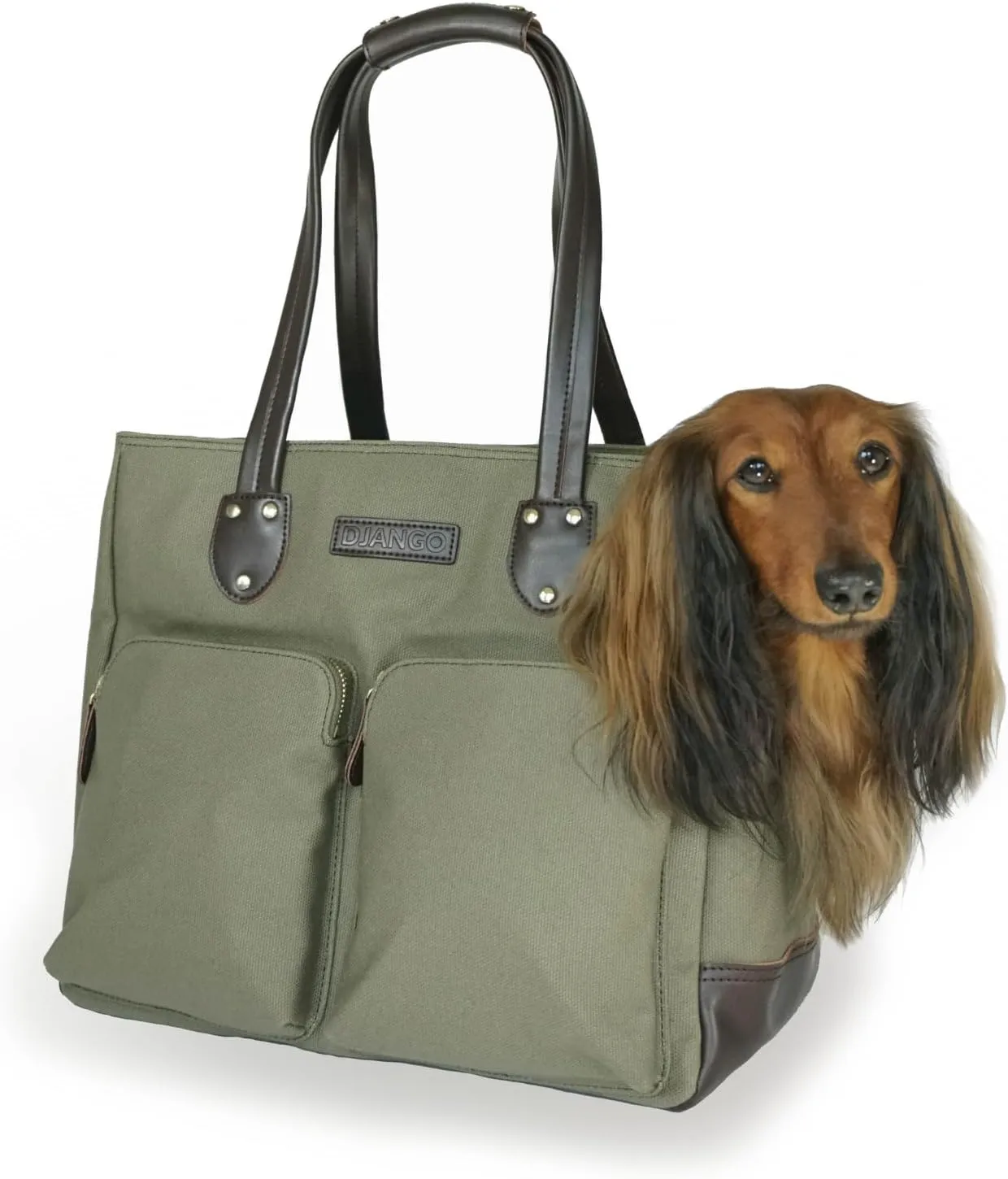 DJANGO Dog Carrier Bag Medium - Waxed Canvas and Leather Soft Dog Travel Carrier - Olive Green Travel Tote Bag for Pets with Harness Safety Tether, Secure Zipper Pockets, and Water-Resistant Lining