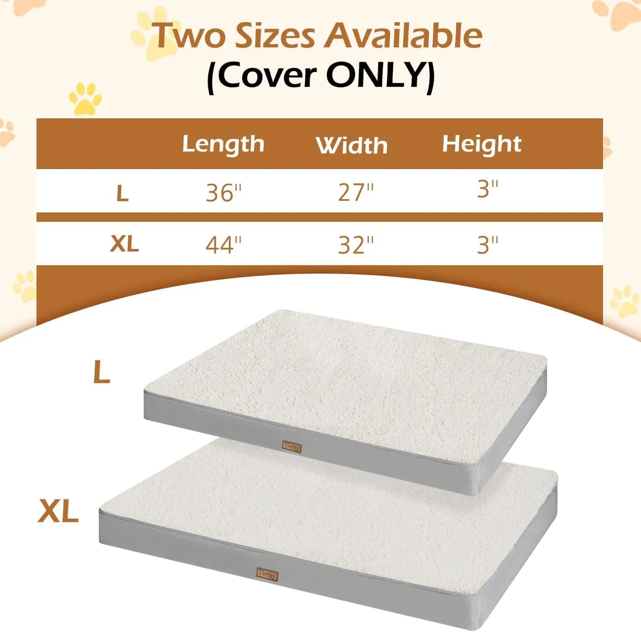 Dog Bed Cover, Washable Replacement Large Dog Bed Sheet with 3-Sided Continuous Zipper, Waterproof Liner, Soft Plush, Pet Mattress Fluffy Protector, 44x32x3 inches - XL, Cover Only White