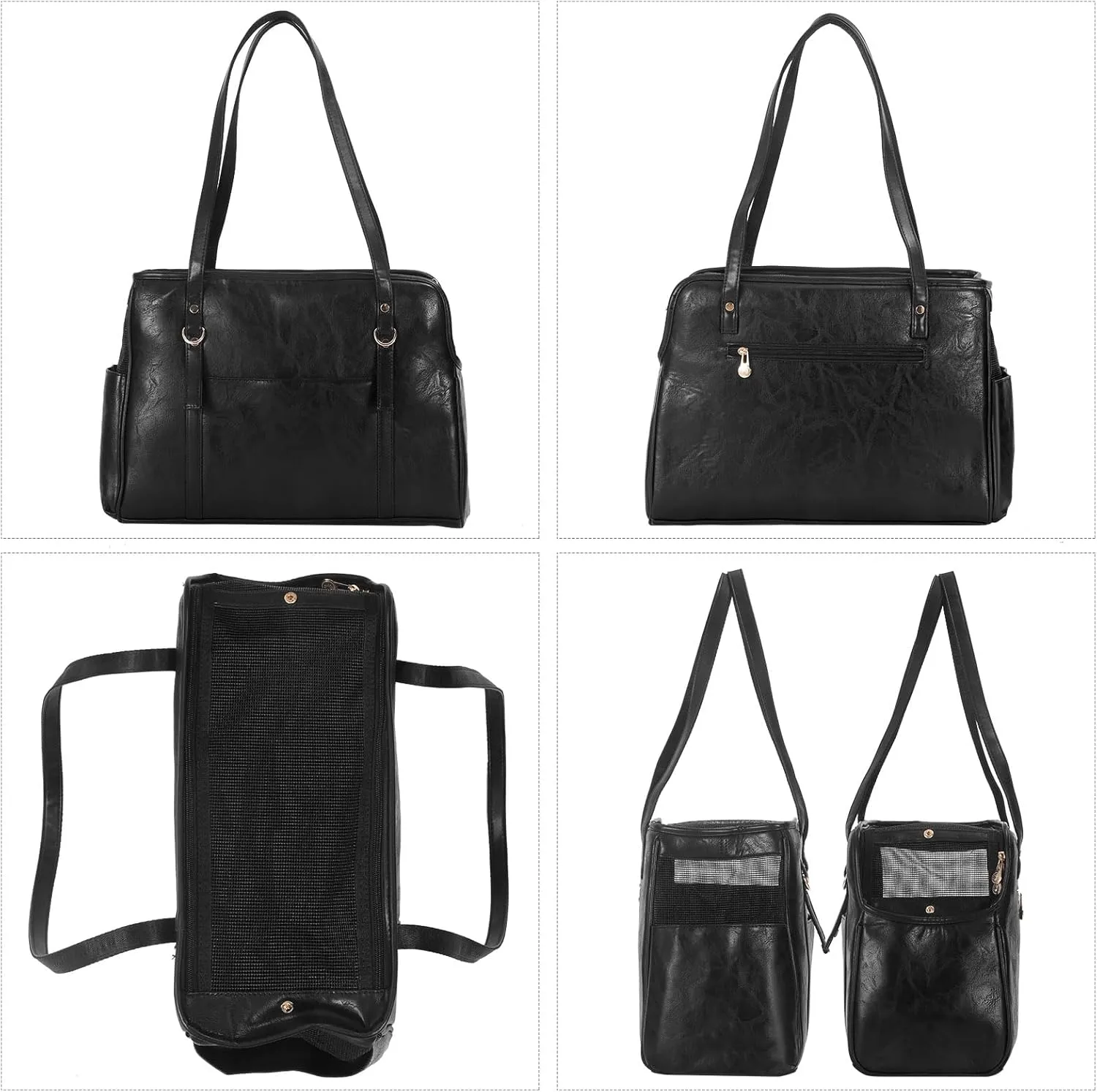 Dog Carrier Purse, Fashion Leather Pet Carrier with Pockets, Airline Approved Soft Sided Dog Carrying Bag for Puppy Cat Dog Black