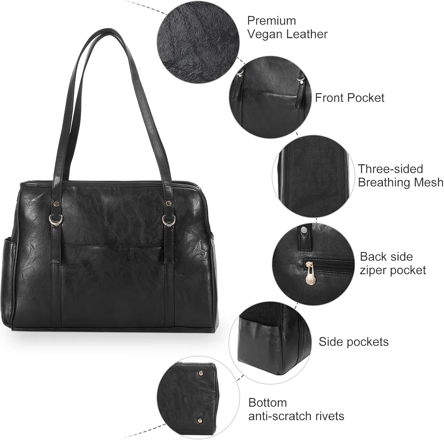 Dog Carrier Purse, Fashion Leather Pet Carrier with Pockets, Airline Approved Soft Sided Dog Carrying Bag for Puppy Cat Dog Black