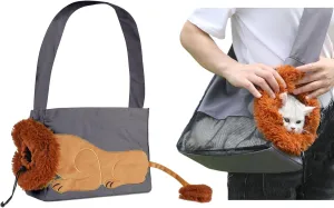 Dog Carrier Sling Lion-Shaped Pet Canvas Bag Cat Shoulder Bag Pet Body Holder for Daily Use Walking Travel Outdoor, Dark Grey L