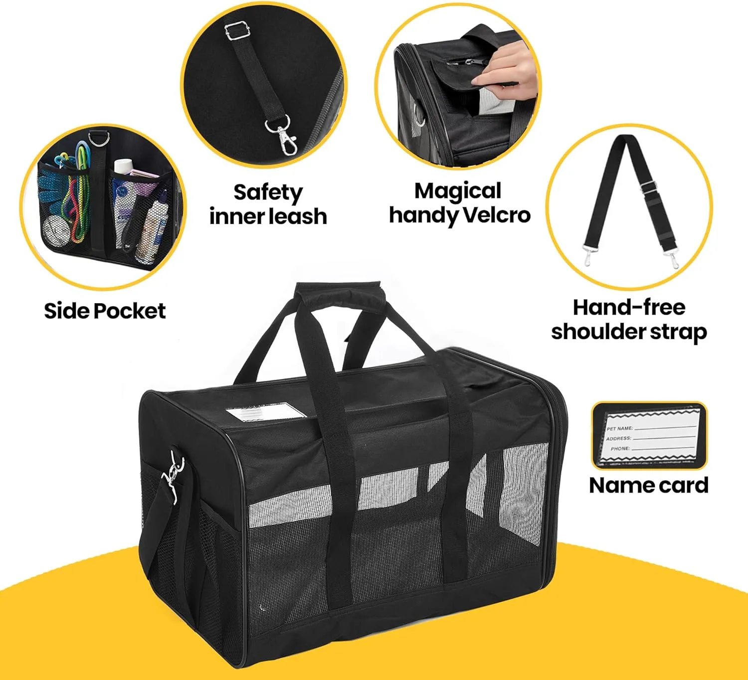 Dog Carrier Soft Sided, Large Cat Carrier with Inner Safety Leash, Pet Transport Carrier for Large Cats and Medium Dogs up to 20 Lbs, Collapsible Travel Puppy Carrier Bag -Black L