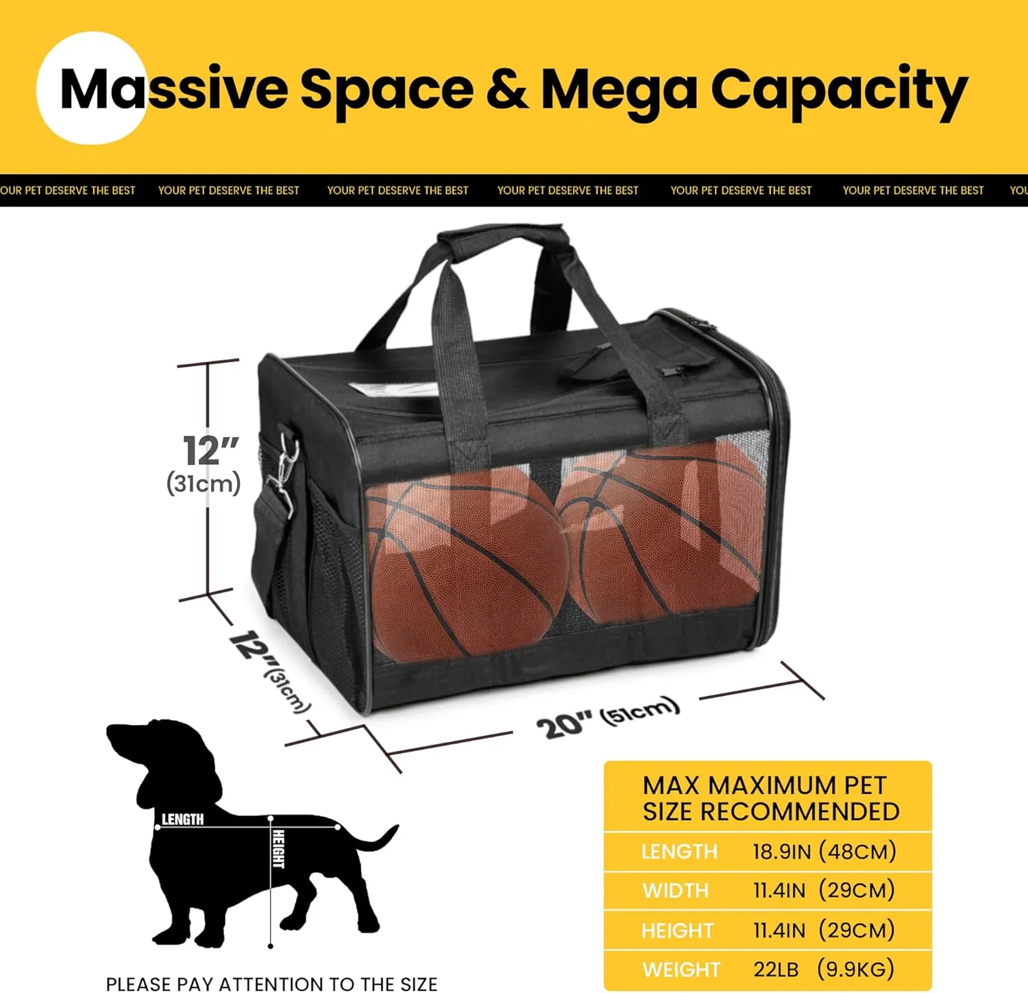 Dog Carrier Soft Sided, Large Cat Carrier with Inner Safety Leash, Pet Transport Carrier for Large Cats and Medium Dogs up to 20 Lbs, Collapsible Travel Puppy Carrier Bag -Black L