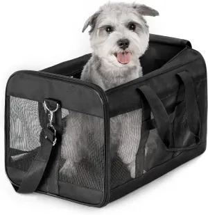 Dog Carrier Soft Sided, Large Cat Carrier with Inner Safety Leash, Pet Transport Carrier for Large Cats and Medium Dogs up to 20 Lbs, Collapsible Travel Puppy Carrier Bag -Black L