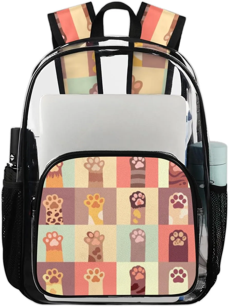 Dog Cat Paw Topics Clear Backpack Large Clear Bag Heavy Duty PVC See Through Bag with Reinforced Strap Transparent Backpack for Stadium, College, Work, Travel