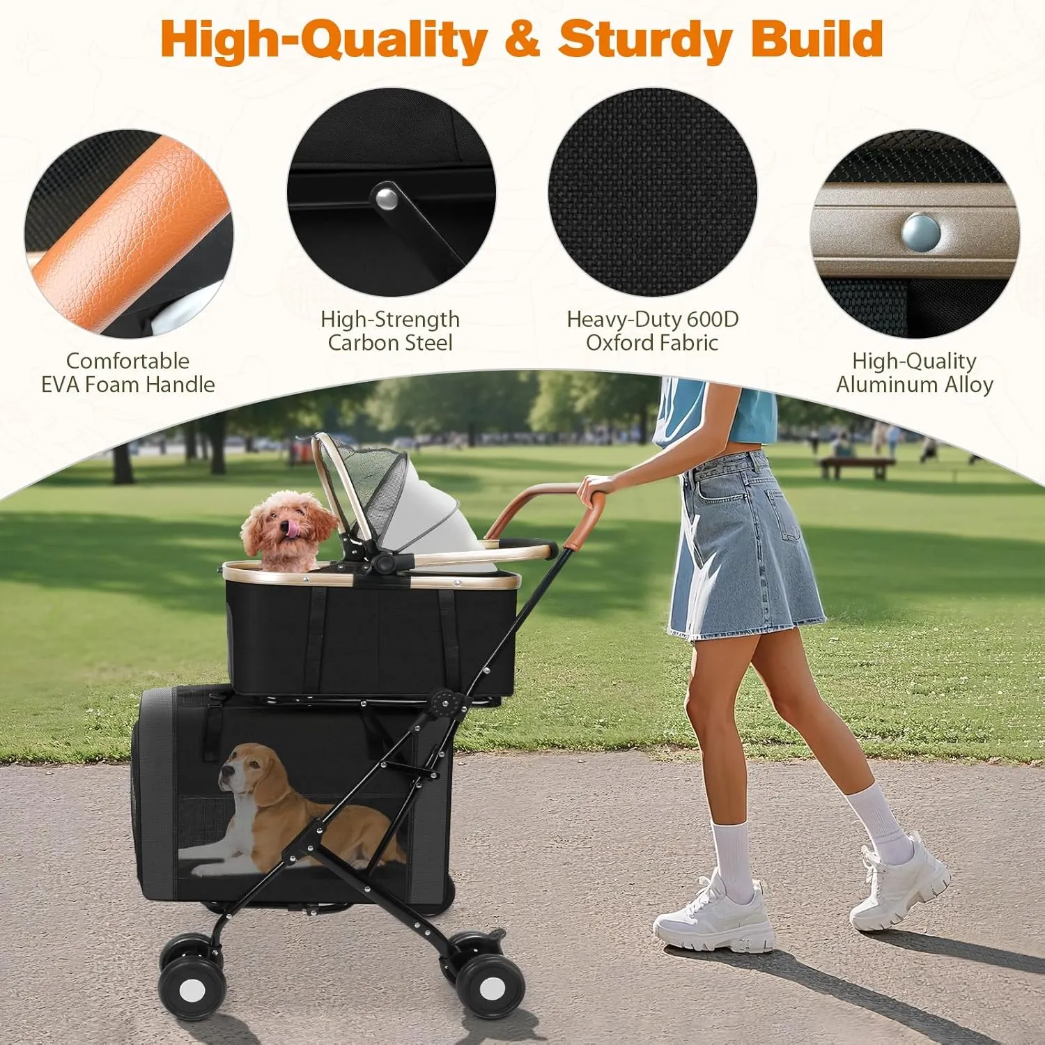 Dog Stroller for Small & Medium Pets – 3-in-1 Travel System with Dual Detachable Carriers, Foldable & Lightweight Pet Stroller for Cats and Dogs up to 77 lbs, Durable Design with Safety Features