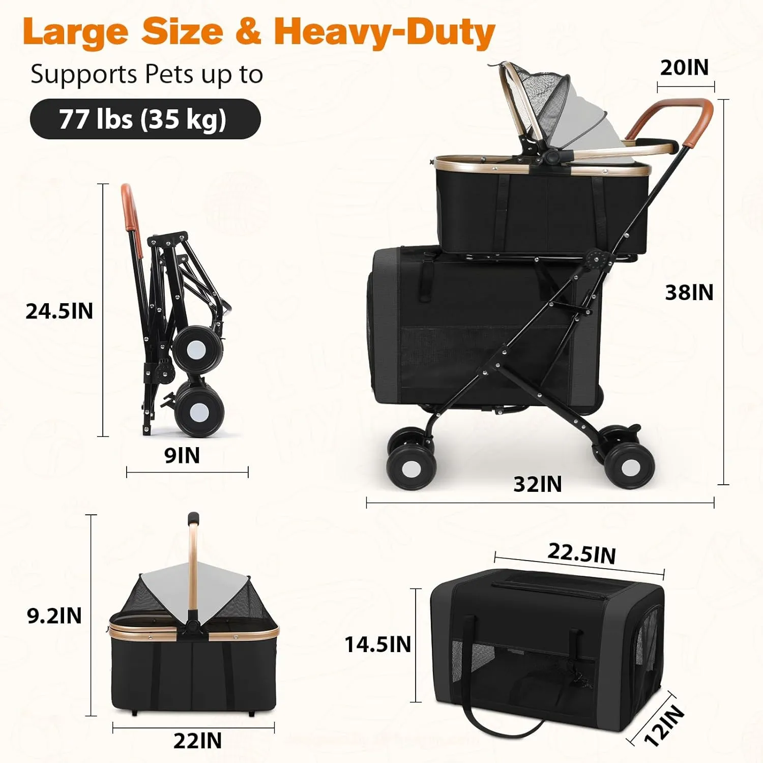 Dog Stroller for Small & Medium Pets – 3-in-1 Travel System with Dual Detachable Carriers, Foldable & Lightweight Pet Stroller for Cats and Dogs up to 77 lbs, Durable Design with Safety Features