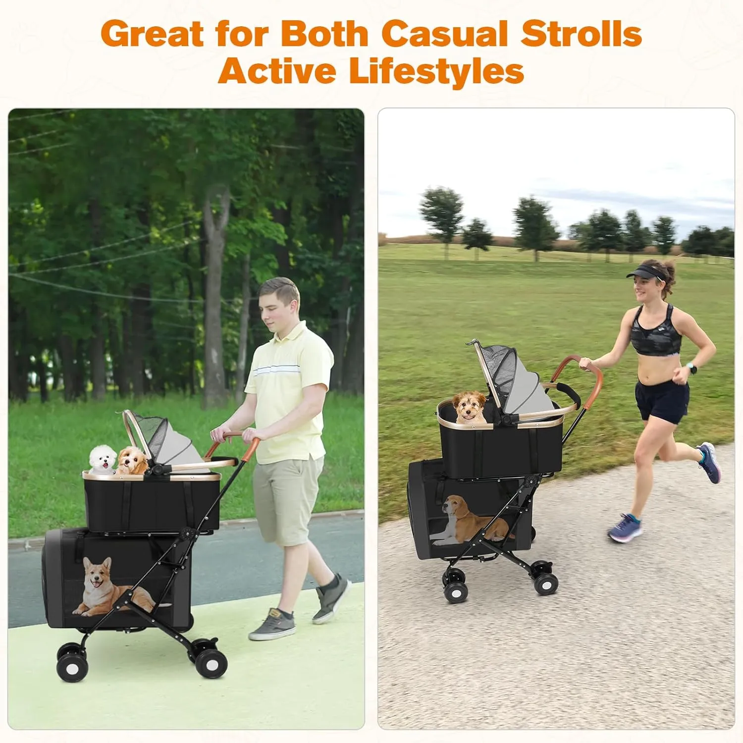 Dog Stroller for Small & Medium Pets – 3-in-1 Travel System with Dual Detachable Carriers, Foldable & Lightweight Pet Stroller for Cats and Dogs up to 77 lbs, Durable Design with Safety Features