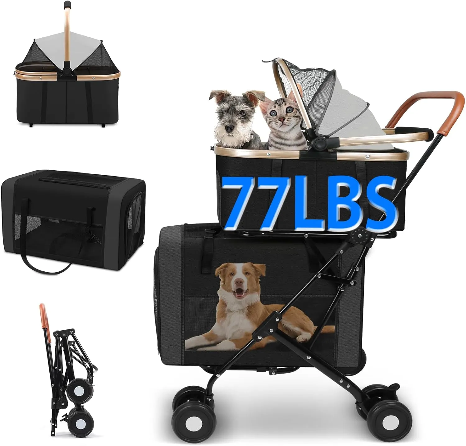 Dog Stroller for Small & Medium Pets – 3-in-1 Travel System with Dual Detachable Carriers, Foldable & Lightweight Pet Stroller for Cats and Dogs up to 77 lbs, Durable Design with Safety Features