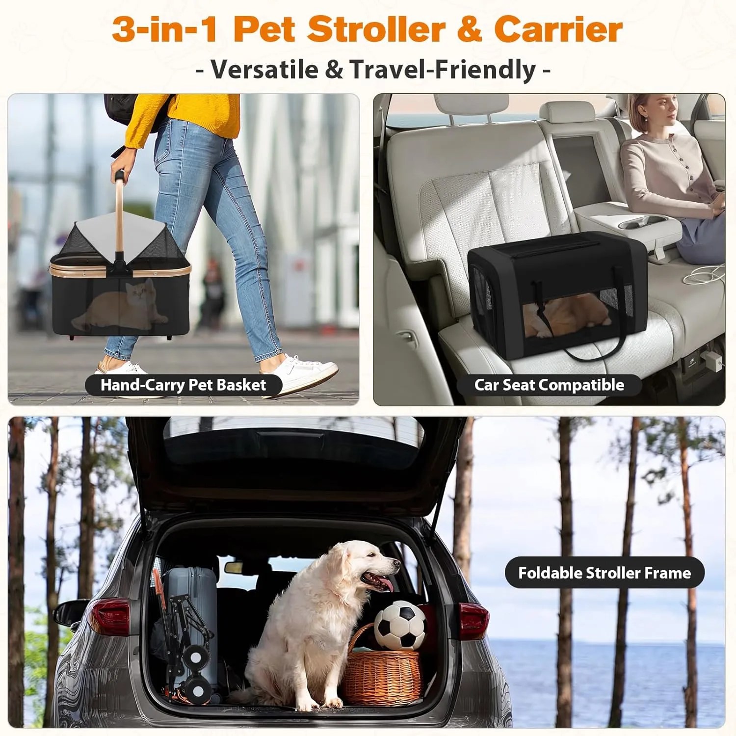 Dog Stroller for Small & Medium Pets – 3-in-1 Travel System with Dual Detachable Carriers, Foldable & Lightweight Pet Stroller for Cats and Dogs up to 77 lbs, Durable Design with Safety Features
