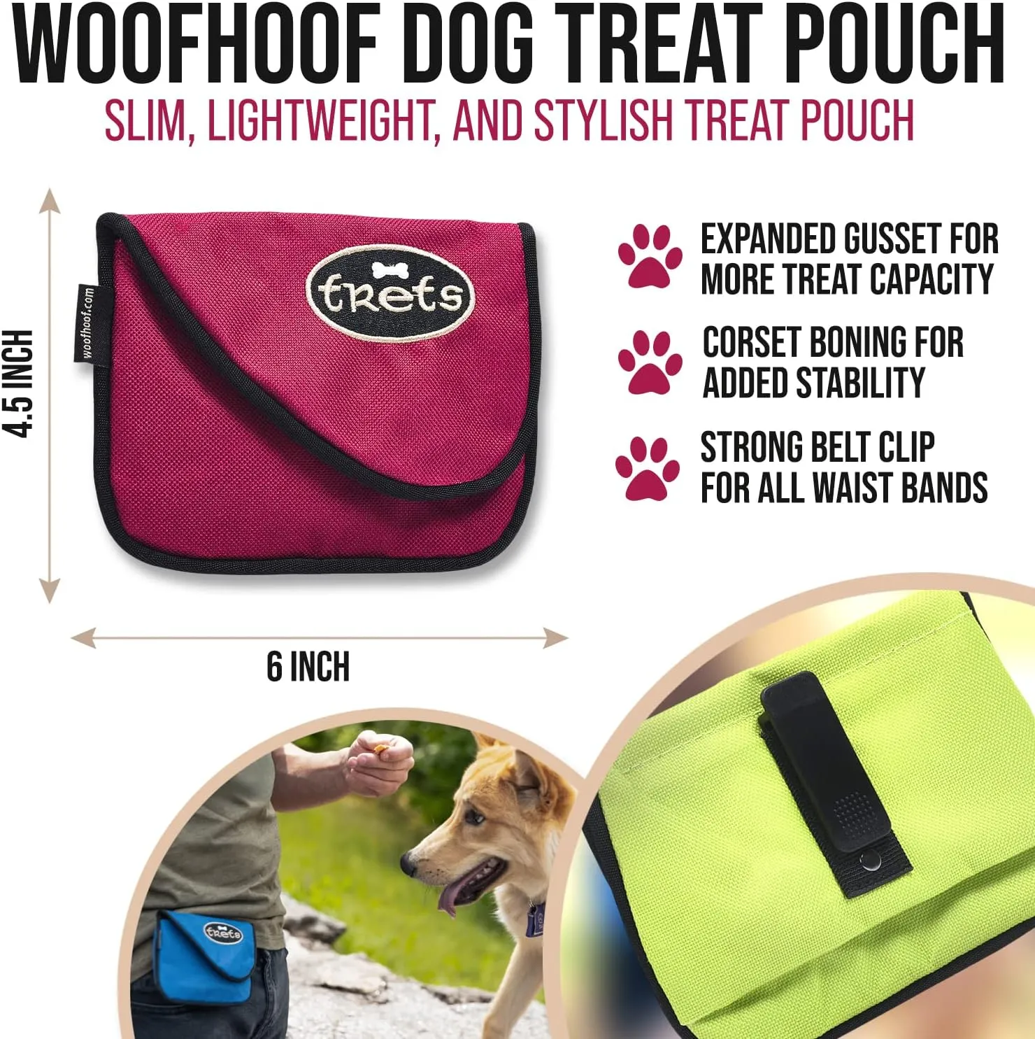 Dog Treat Pouch, Burgundy Training Treat Pouch - Clip On Dog Treat Holder, Innovative No Spill Design, Magnetic Flap, Expandable Gusset, Made of Durable Nylon, Machine Washable