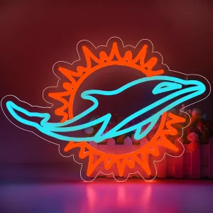 Dolphin Neon Sign for Wall Decor Football Led Neon Light for Man Cave Birthday Gifts for Rugby Fans Ice Blue Light Sign for Party Club Bar Dorm Size16.1 * 12inch(ZYLD118)