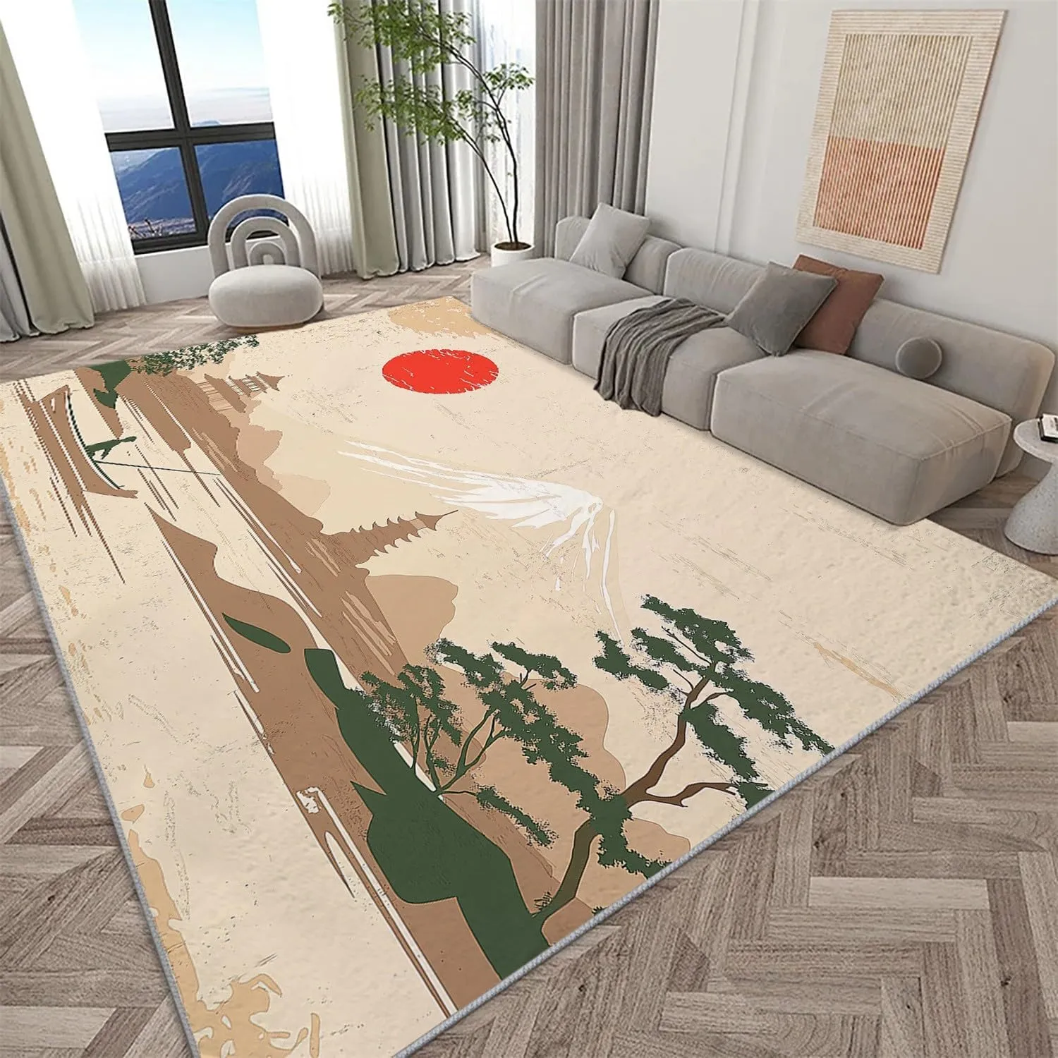Door Mat Indoor Entrance 3 x 5 ft Rugs, Washable Japanese Traditional Art Painting Mountains Area Rug, Non-Slip Low Pile Japanese Art Carpet for Entryway Kitchen Front Door Indoor Entrance Kids Room