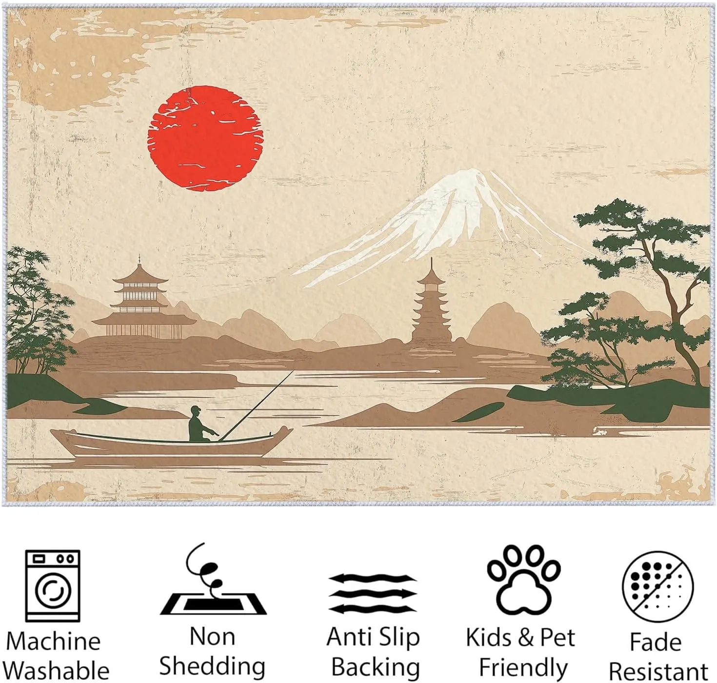 Door Mat Indoor Entrance 3 x 5 ft Rugs, Washable Japanese Traditional Art Painting Mountains Area Rug, Non-Slip Low Pile Japanese Art Carpet for Entryway Kitchen Front Door Indoor Entrance Kids Room