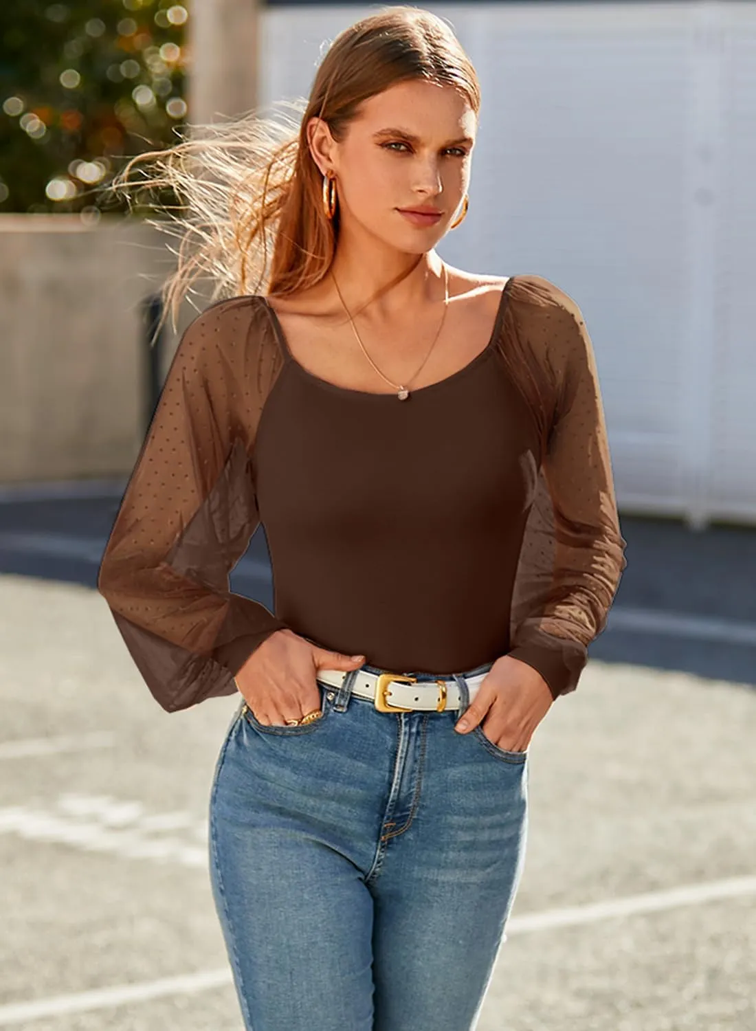 DOROSE Womens Mesh Long Sleeve Shirts Casual Blouses Tops