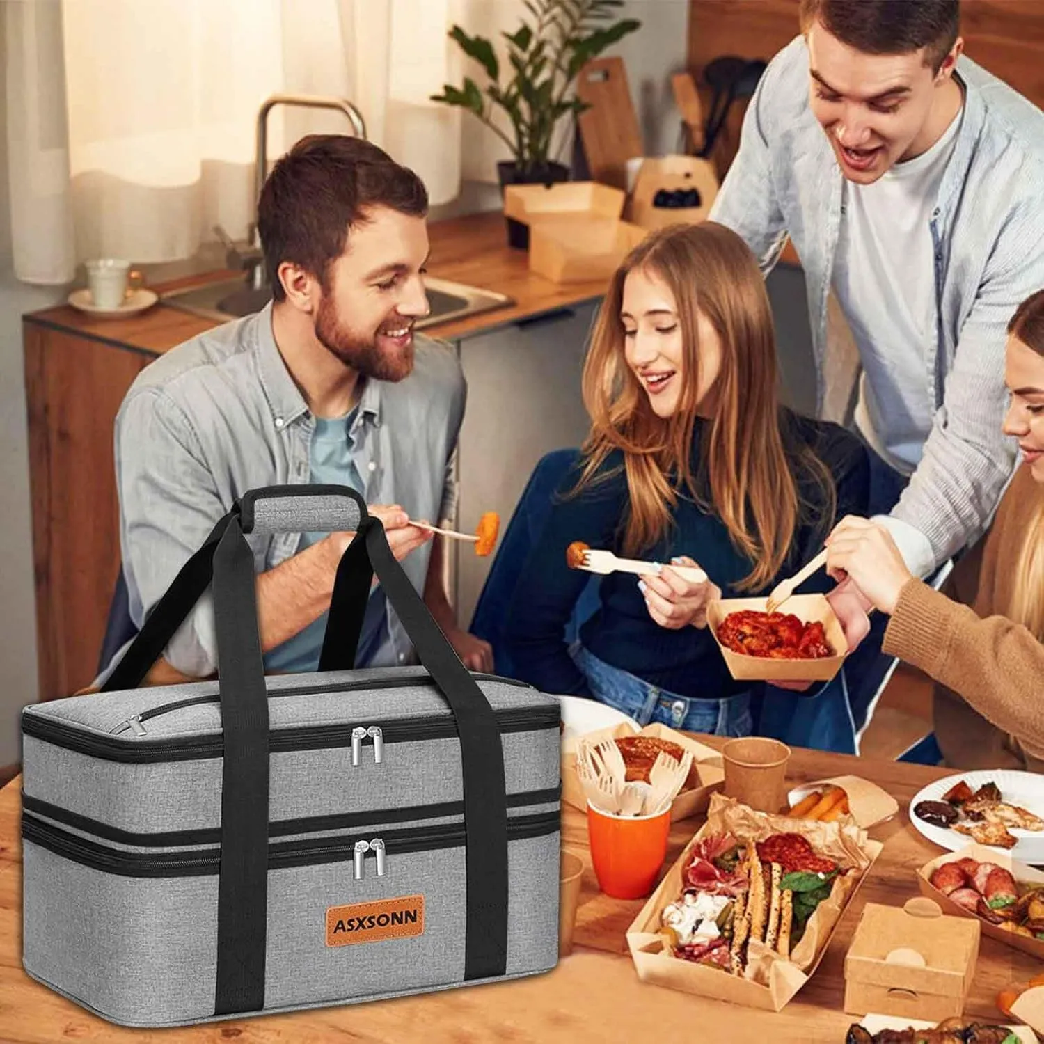 Double Decker Insulated Casserole Carrier for Hot or Cold Food, Expandable Insulated Food Carrier for Parties, Picnic, Beach, Fits 9"x13" Baking Dish (Grey)