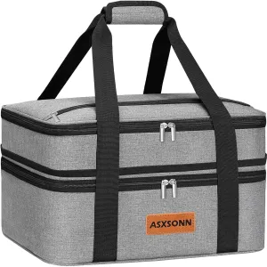 Double Decker Insulated Casserole Carrier for Hot or Cold Food, Expandable Insulated Food Carrier for Parties, Picnic, Beach, Fits 9"x13" Baking Dish (Grey)