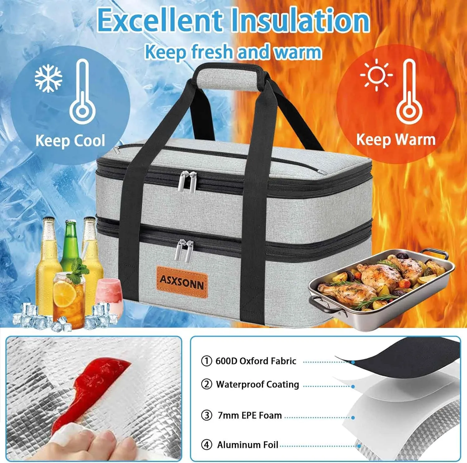 Double Decker Insulated Casserole Carrier for Hot or Cold Food, Expandable Insulated Food Carrier for Parties, Picnic, Beach, Fits 9"x13" Baking Dish (Grey)