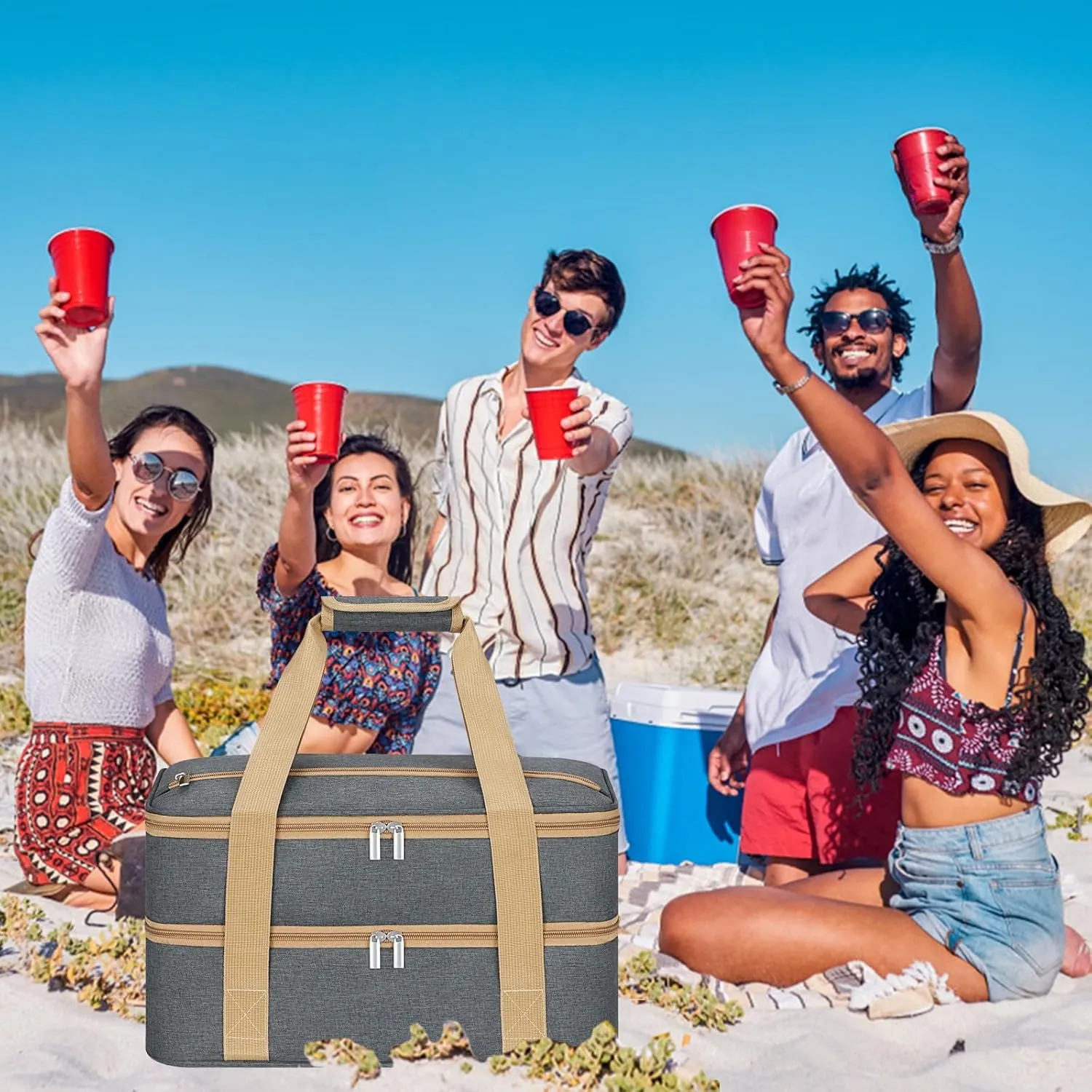 Double Insulated Casserole Carrier with Zipper Pockets, Casserole Carriers for Hot or Cold Food, Thermal Lunch Tote for Parties, Picnics, Beach, Traveling, Fits 11 x 15 or 9 x 13 Baking Dish