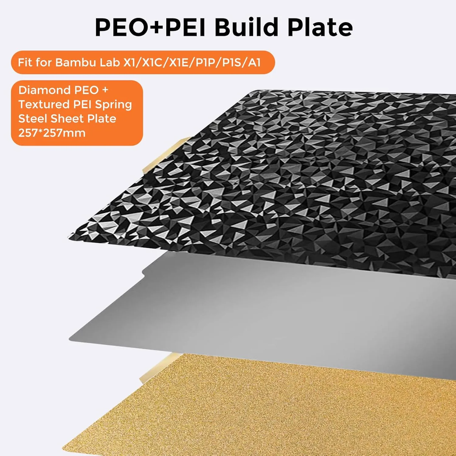 Double Sided PEO PEI Build Plate for Bambu Lab X1C/X1/X1E/P1P/P1S/A1, Smooth Diamond PEO  Texture PEI Spring Steel Sheet Plate 257x257mm for Bambu 3D Printer