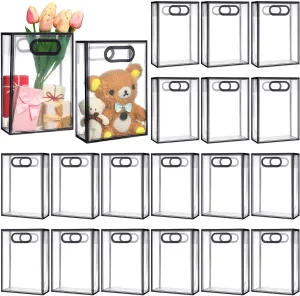 Dunzoom 20 Pcs Clear Plastic Gift Bag with Handles Reusable PP Favor Flower Bag for Father's Day Wedding Bridal Birthday Graduation(10.2 x 7.1 x 3.2'',Black Trim)