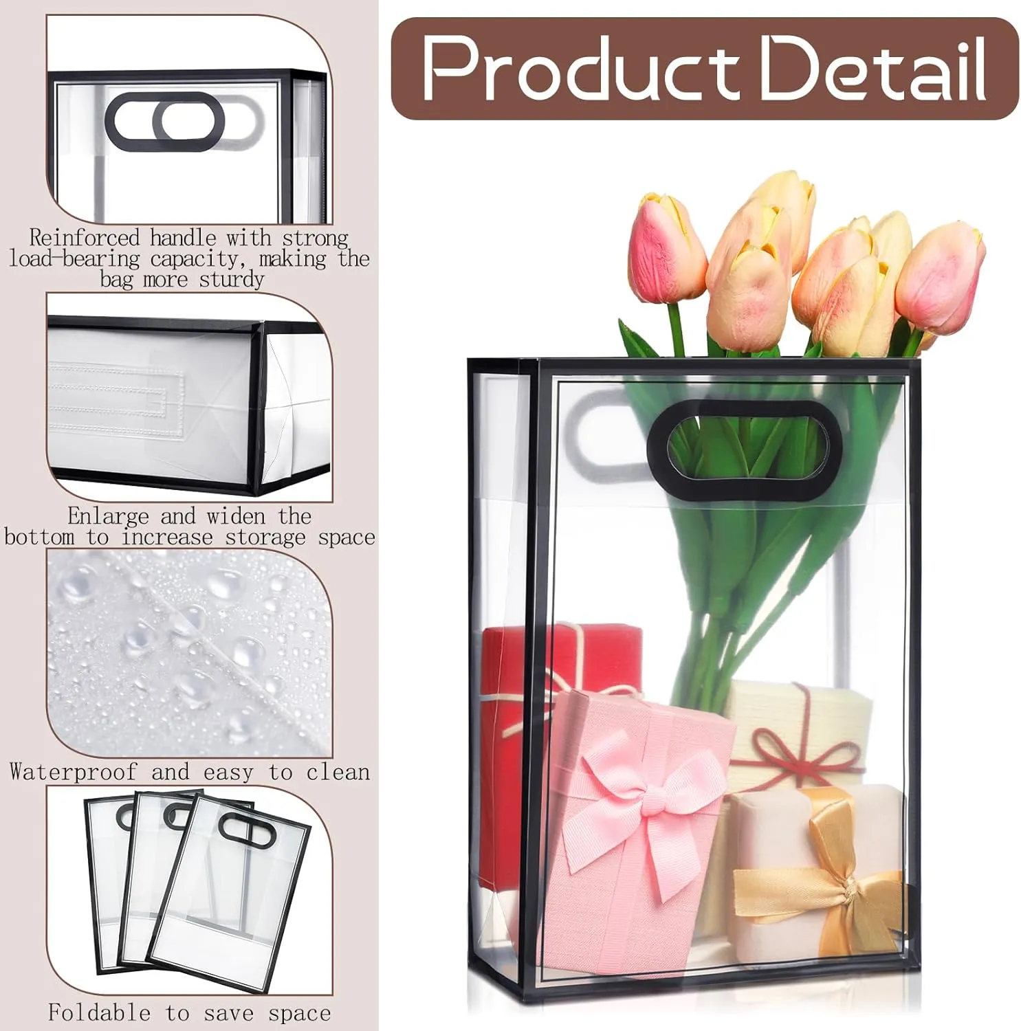 Dunzoom 20 Pcs Clear Plastic Gift Bag with Handles Reusable PP Favor Flower Bag for Father's Day Wedding Bridal Birthday Graduation(10.2 x 7.1 x 3.2'',Black Trim)