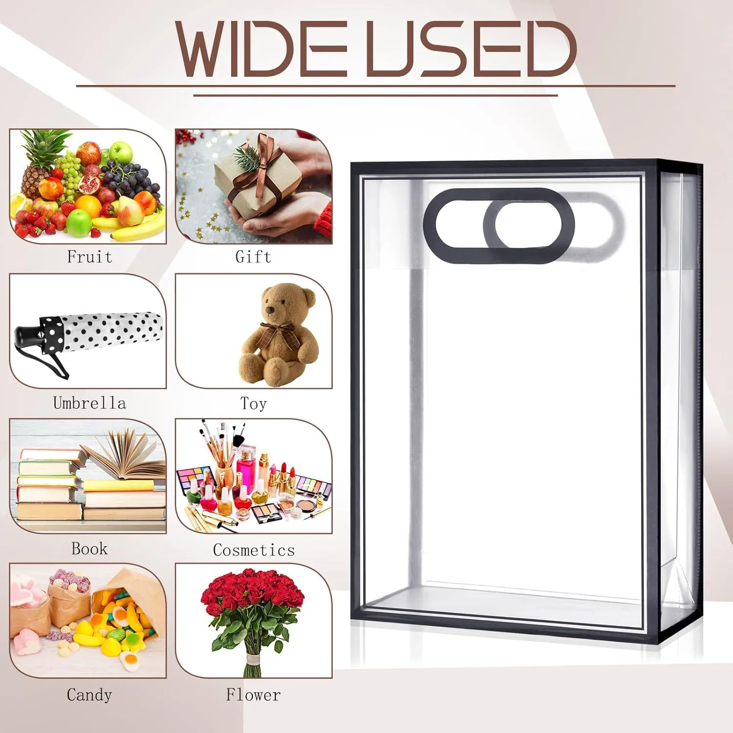 Dunzoom 20 Pcs Clear Plastic Gift Bag with Handles Reusable PP Favor Flower Bag for Father's Day Wedding Bridal Birthday Graduation(10.2 x 7.1 x 3.2'',Black Trim)