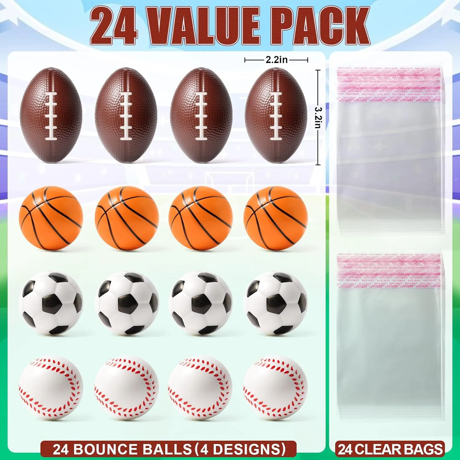 Easter Basket Stuffers for Kids Boys Girls, 24 Pack Sports Stress Balls with Cards, Easter Party Favors Supplies Football Squeeze Fidget Toy Foam Bouncy Ball School Classroom Prize Easter Treat Bags