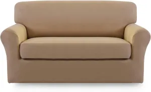 Easy-Going 2 Pieces Microfiber Stretch Sofa Slipcover – Spandex Soft Fitted Sofa Couch Cover, Washable Furniture Protector with Elastic Bottom Kids, Pet (Loveseat, Camel
