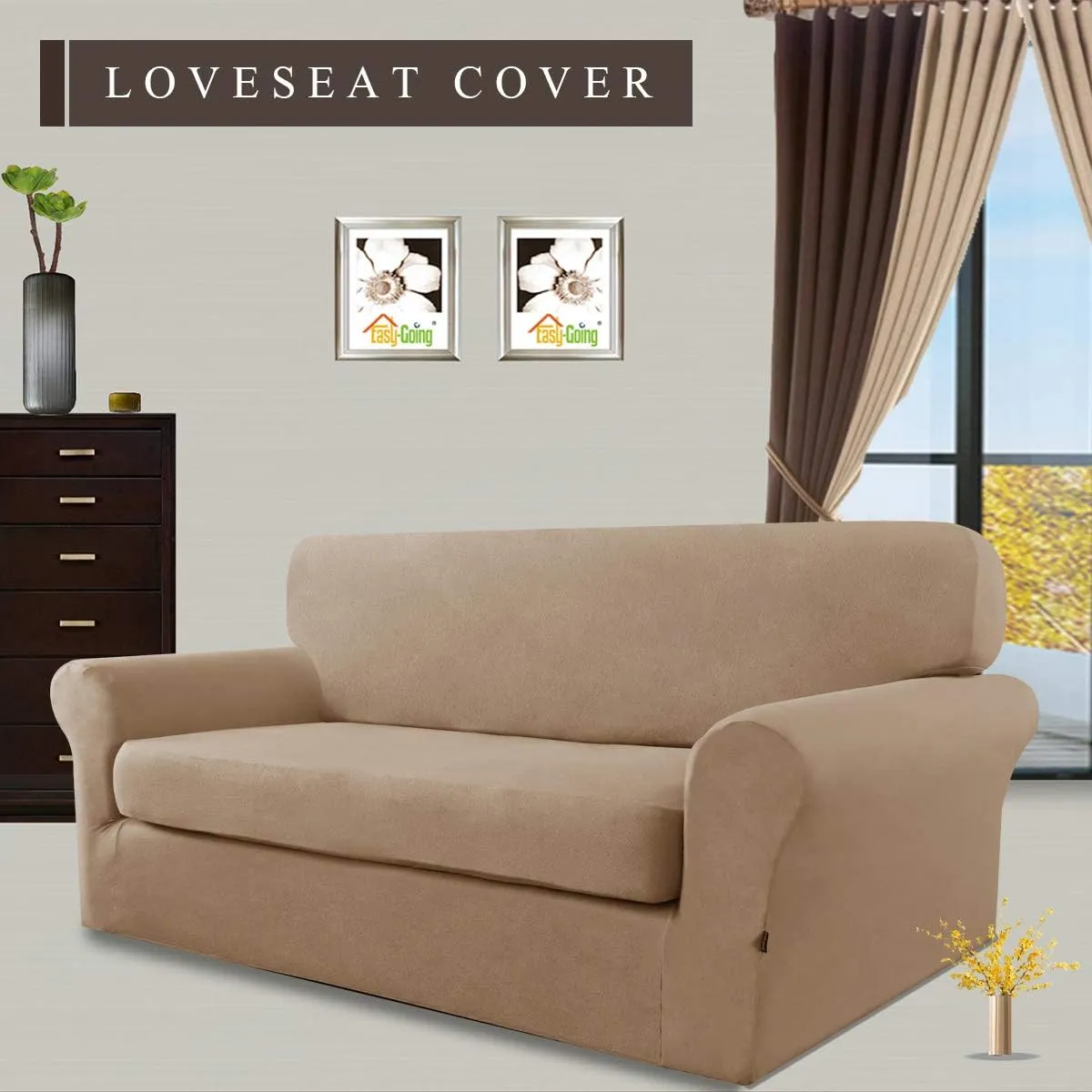 Easy-Going 2 Pieces Microfiber Stretch Sofa Slipcover – Spandex Soft Fitted Sofa Couch Cover, Washable Furniture Protector with Elastic Bottom Kids, Pet (Loveseat, Camel