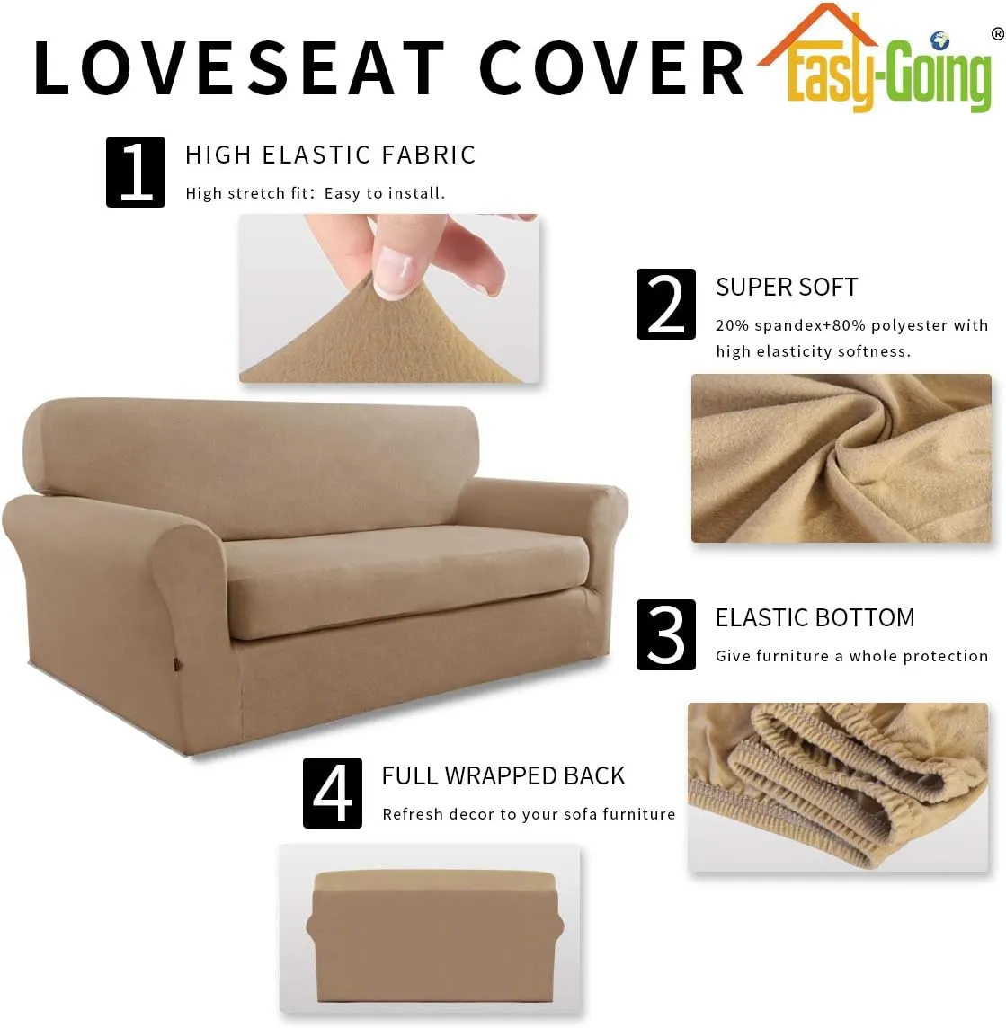 Easy-Going 2 Pieces Microfiber Stretch Sofa Slipcover – Spandex Soft Fitted Sofa Couch Cover, Washable Furniture Protector with Elastic Bottom Kids, Pet (Loveseat, Camel