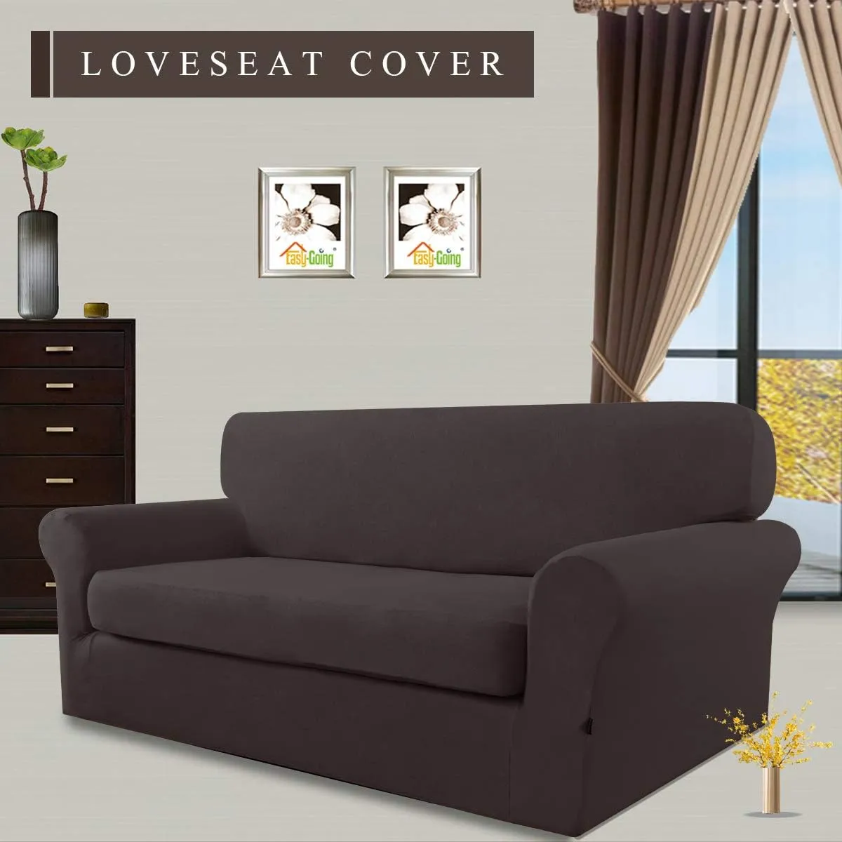 Easy-Going 2 Pieces Microfiber Stretch Sofa Slipcover – Spandex Soft Fitted Sofa Couch Cover, Washable Furniture Protector with Elastic Bottom Kids, Pet (Loveseat, Chocolate