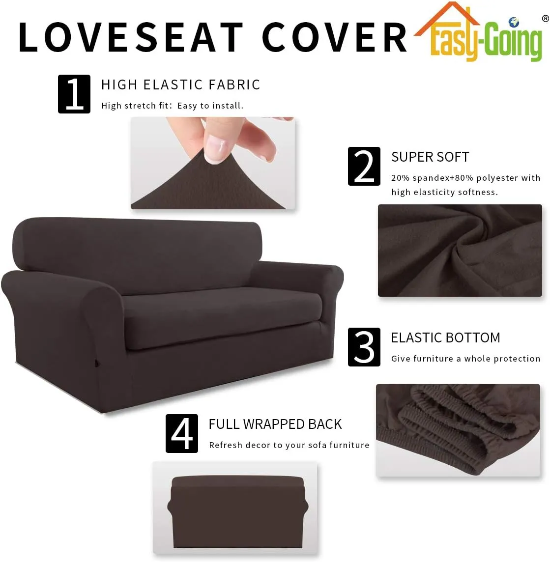 Easy-Going 2 Pieces Microfiber Stretch Sofa Slipcover – Spandex Soft Fitted Sofa Couch Cover, Washable Furniture Protector with Elastic Bottom Kids, Pet (Loveseat, Chocolate